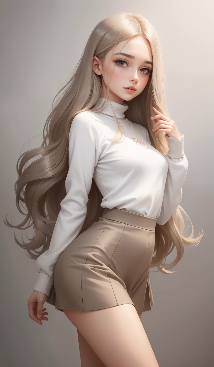 a woman in a casual clothing, white long sleeve woolly sweater and circle skirt ,converse shoes, 17 years old, adult face, long hair , (( ash light brown hair )) and gleaming detailed vibrant grey eyes, slim frame, small breasts, long legs, beautiful face, small butt size, small feet size, small hand size, perfect hands, scary face, beautiful face, pretty face, hot woman, British woman, cream skin, small soft pink lips , small breast size, sharp features, slim hourglass figure, ashen hair, soft features