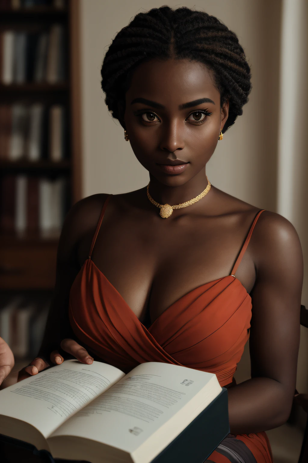 film grain, photographed with a Sony a9 II Mirrorless Camera, analog style, beautiful, masterpiece, best quality, aamari, a woman with elegant dress is looking at the camera, very dark skin, books at background, extremely detailed face, bust shot, perfect lighting --auto