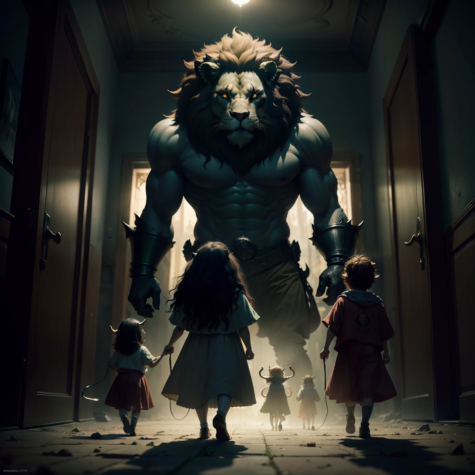 Horned demonic lion walking around innocent children playing, Surrealismo, retroiluminação, cinematic lighthing, alta qualidade, detalhes elevados, melhor qualidade