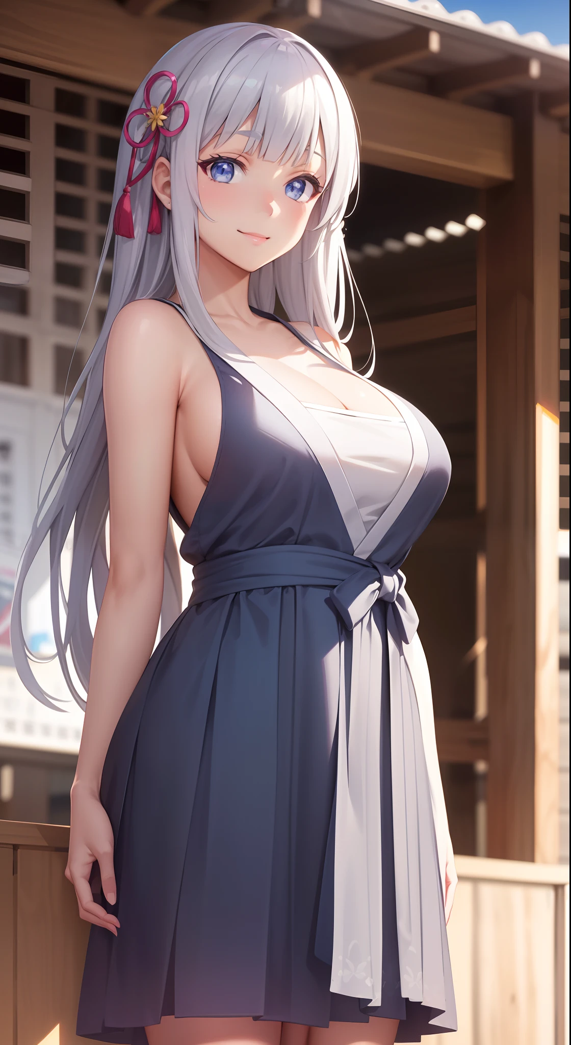 hair ornament, very long hair, japanese clothes, professional artwork, Intricate Details, field of view, sharp focus, detailed painting, photorealistic lighting, trending on pixiv, Standing at attention, (( girl, summer school outfit)), ((large breasts:1,3)), Beautiful body,Beautiful Nose,Beautiful character design, perfect eyes, perfect face, looking at viewer, SFW,official art,extremely detailed CG unity 8k wallpaper, perfect lighting,Colorful, Bright_Front_face_Lighting, (masterpiece:1.0),(best_quality:1.0), ultra high res,4K,ultra-detailed, photography, 8K, HDR, highres, absurdres:1.2, Kodak portra 400, film grain, blurry background, bokeh:1.2, lens flare, (vibrant_color:1.2), shikkoku_yorihime, (happy smile, cheers), ((looking at viewer, front body pose))