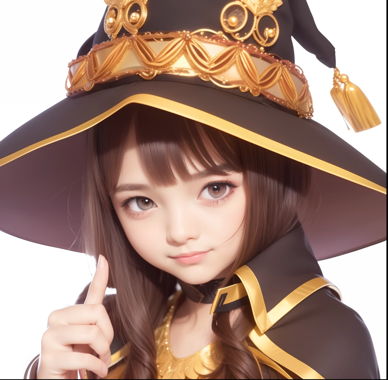 Beautifull, 10 years-old, red eye, wich hat, extremely finger detail, ultra detail, brown hair, half smile mouth, half smile, realistic, best detail, best quality