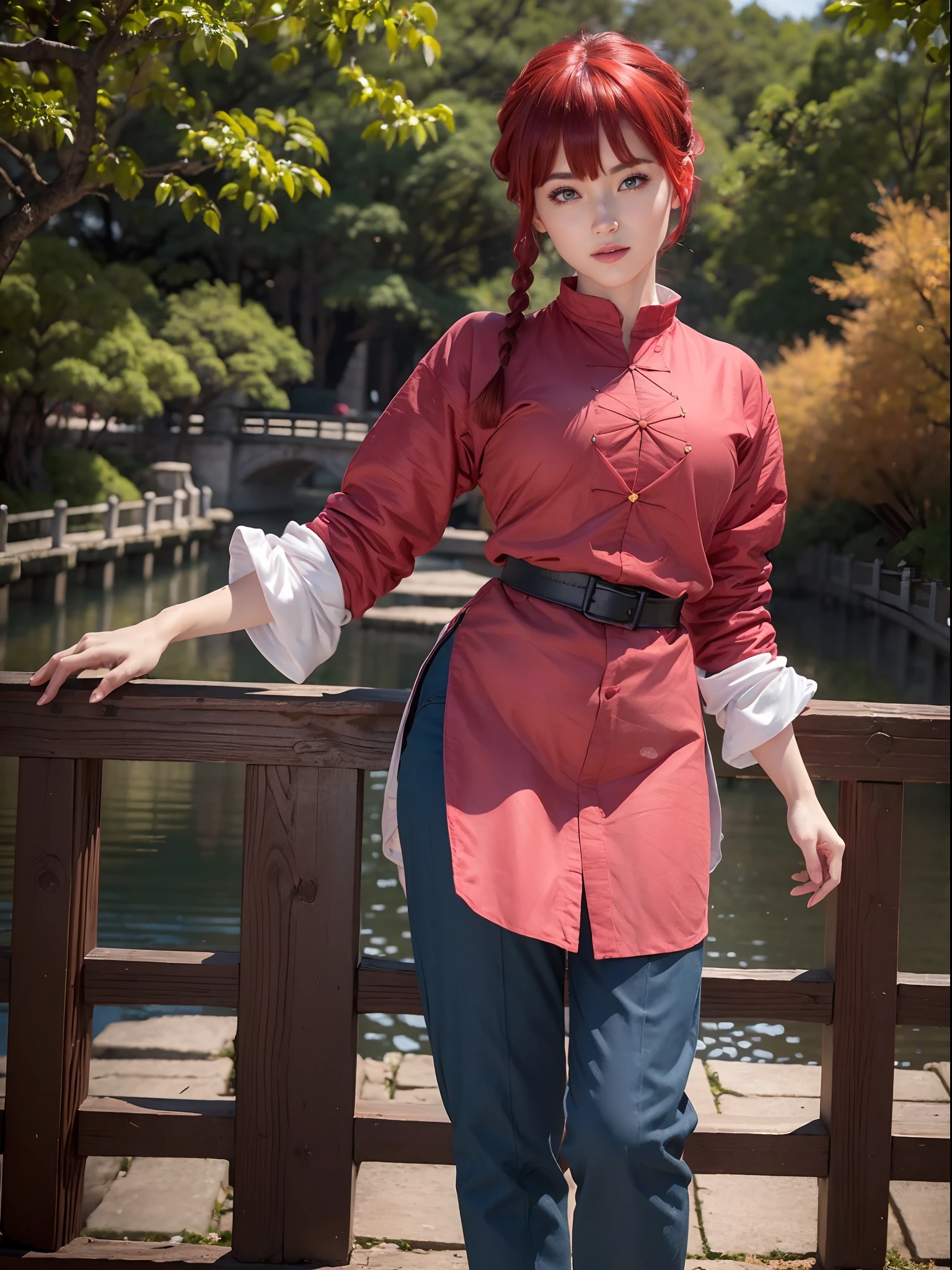 (masterpiece, best quality:1.4), (standing:1.2) (dynamic pose:1), 1girl, ranma-chan, 1girl, solo, blue eyes, (red hair),  bangs, tangzhuang, braided ponytail, sleeves rolled up, black pants, black footwear, on a chinesse garden with sakura trees, a bridge and water, looking at viewer, sexy smile, beautiful face, highly detailed face, highly detailed eyes, highly detailed skin, skin pores, subsurface scattering, realistic pupils, full face blush, full lips, detailed background, depth of field, volumetric lighting, sharp focus, absurdres, realistic proportions, good anatomy, (realistic, hyperrealistic:1.4), 16k hdr,