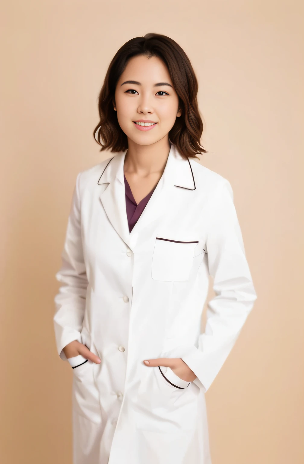 A woman in a white lab coat stands in front of a beige background, wearing lab coat and a blouse, White coat, With a lab coat, wearing a lab coat, doctor, wearing a white lab coat, wearing a lab coat, White lab coat, Wearing a lab coat, labcoat, Professional profile photo, wearing lab coat and glasses, lab coat and tee shirt