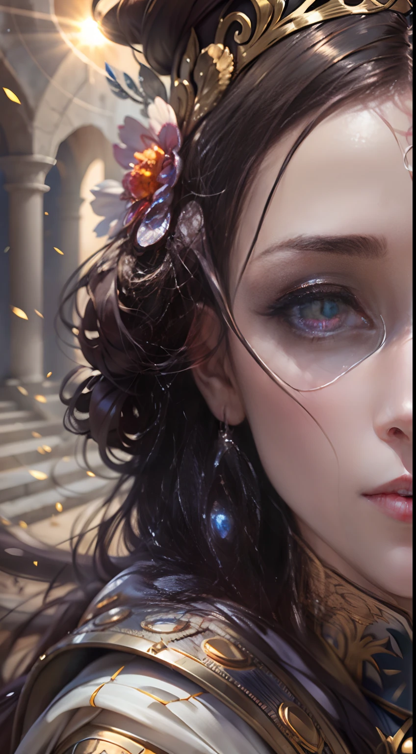 Hyper realistic super detailed Dynamic shot of face portrait of a Beautiful princesse glowing eyes like sun
