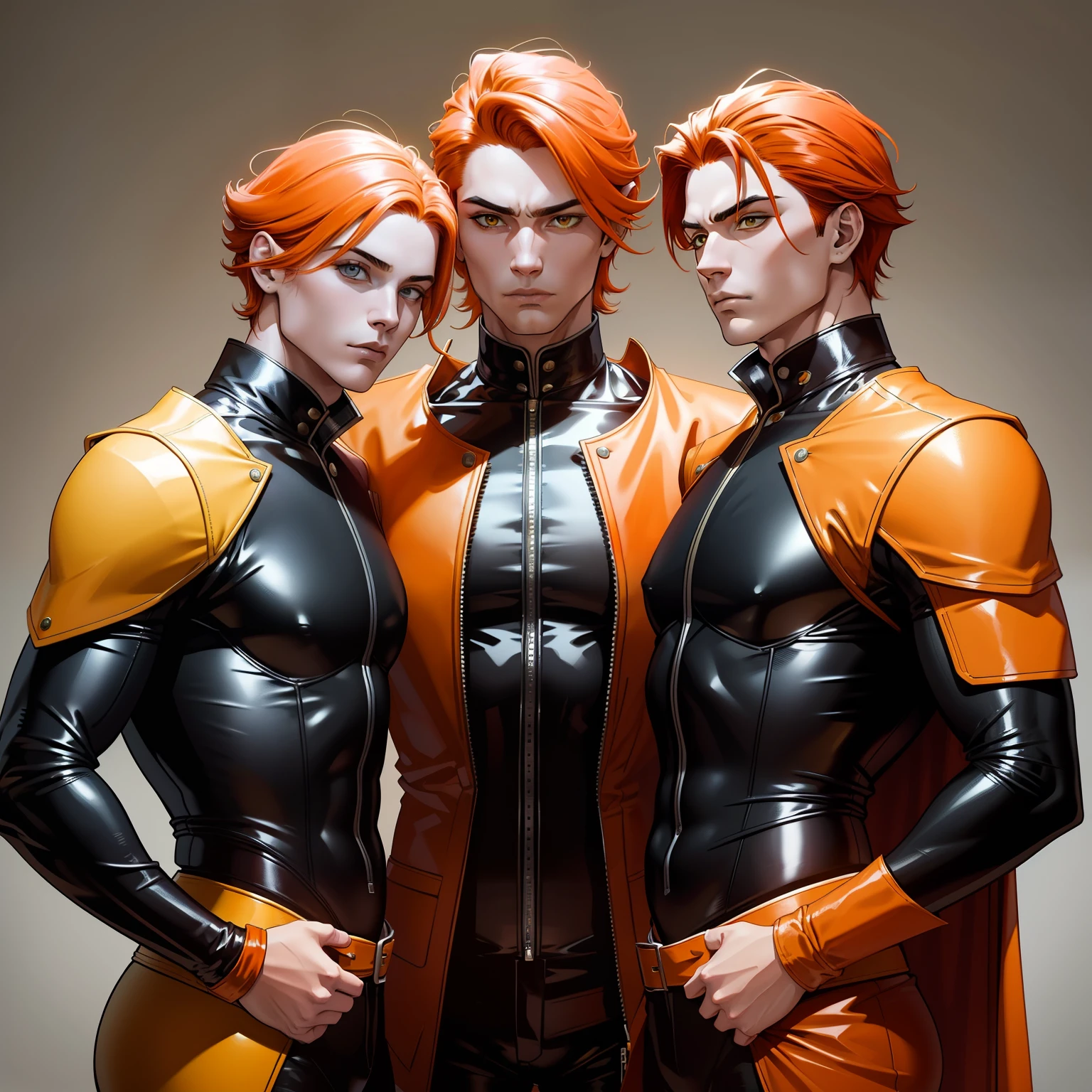 papa, Mom 3  brothers pose serious for photo orange hair elegant yellow leather clothes with black