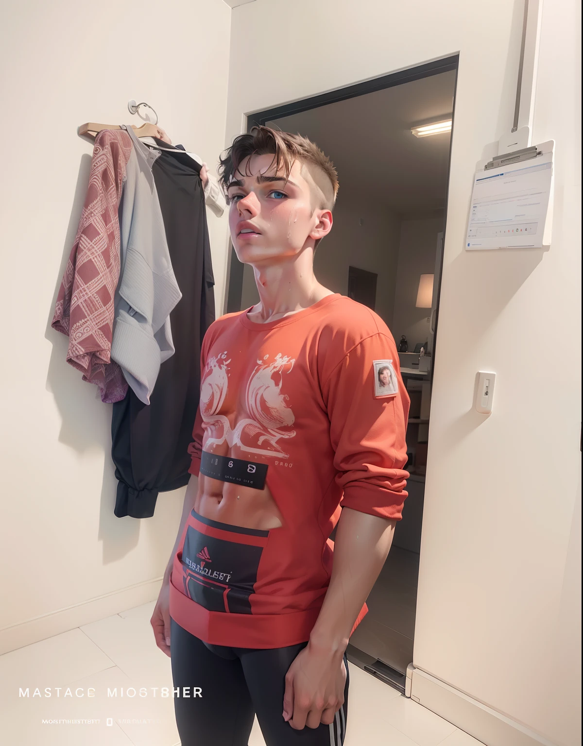 Masterpiece, best quality, ultra detailed, sfw, 1boy, an attractive 18 year old fit white boy lying in bed using laptop video call, looking at laptop screen, ((sweat)), topless, wearing tight underwear, big bulge , full body shot, side view,