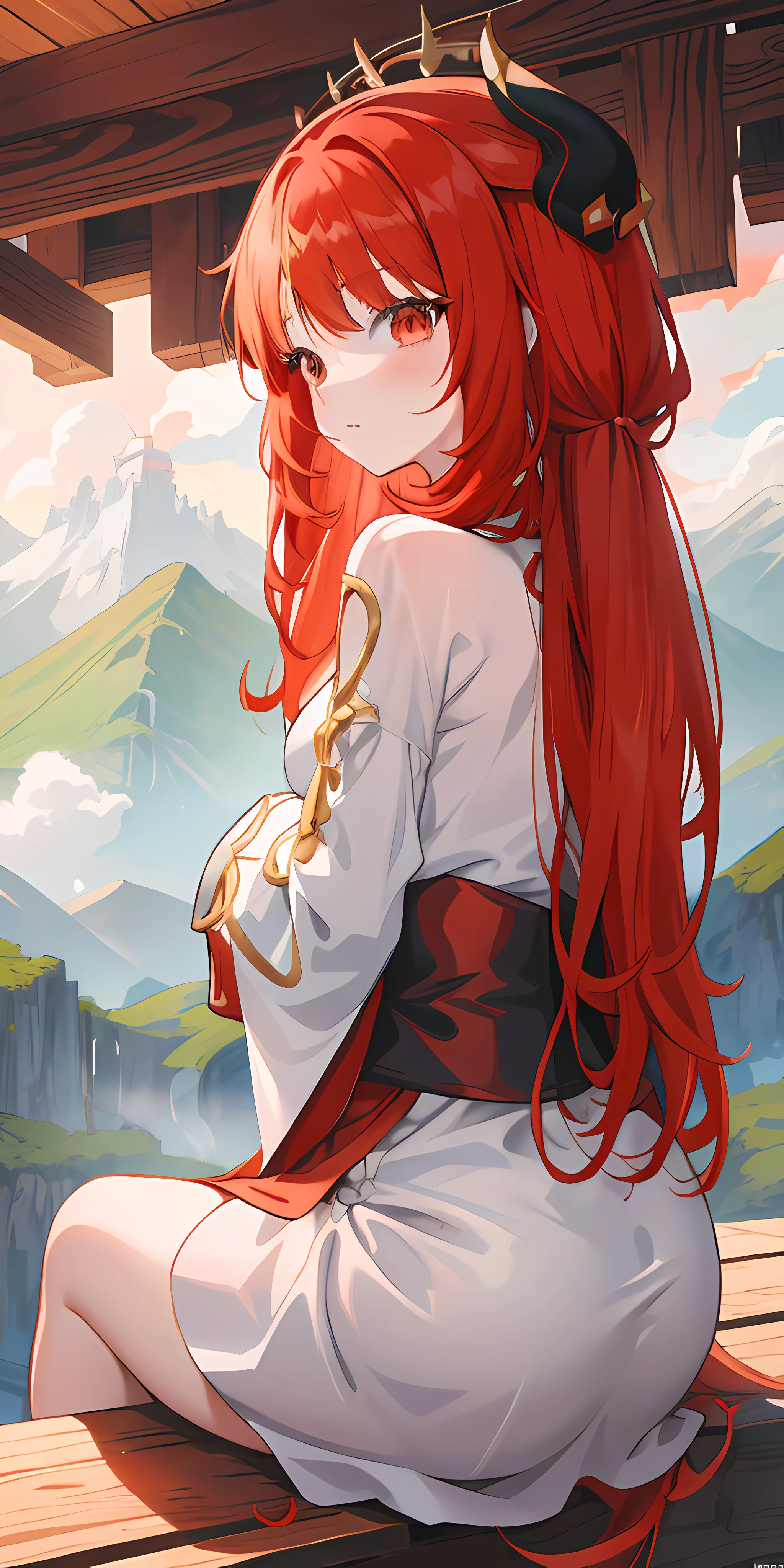 anime girl with red hair sitting on a wooden platform looking out over a mountain range, red waist-long hair, 4 k manga wallpaper, anime girl with long hair, rias gremory, flowing hair and long robes, with red hair, clean detailed anime art, anime art wallpaper 8 k, anime art wallpaper 4 k, anime art wallpaper 4k, poker face
