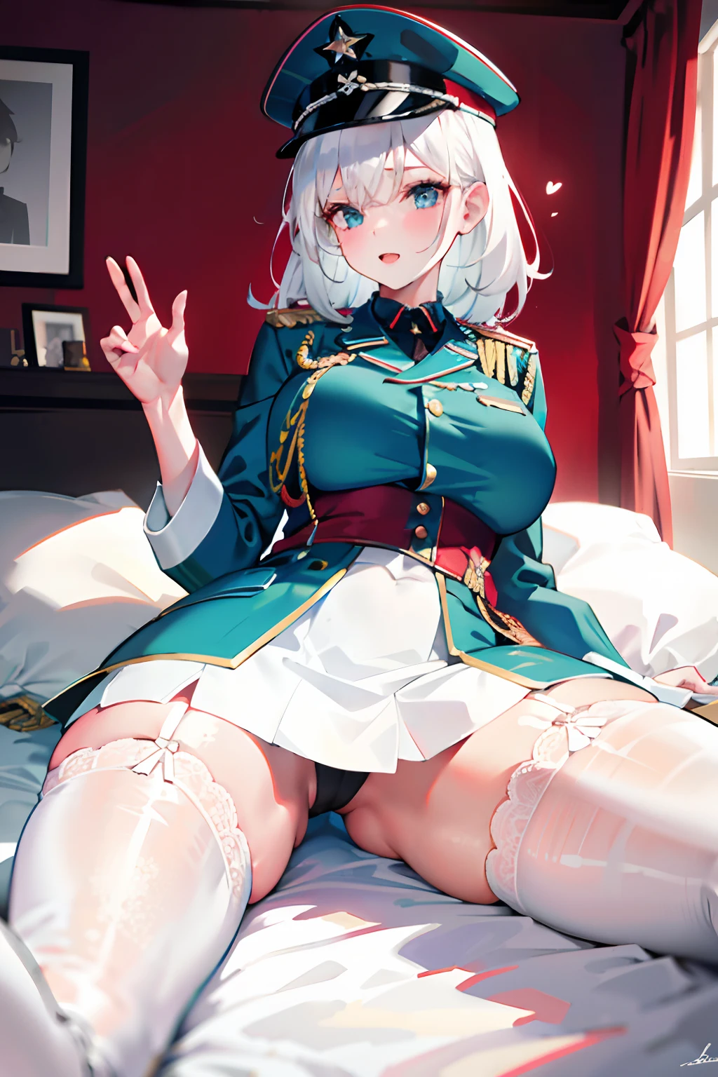 1girl,sexy,lust,white color hair,onbed,huge tit,white stockings,Stasi uniform,Stasi,Stasi,East,German Democratic Republic,DDR