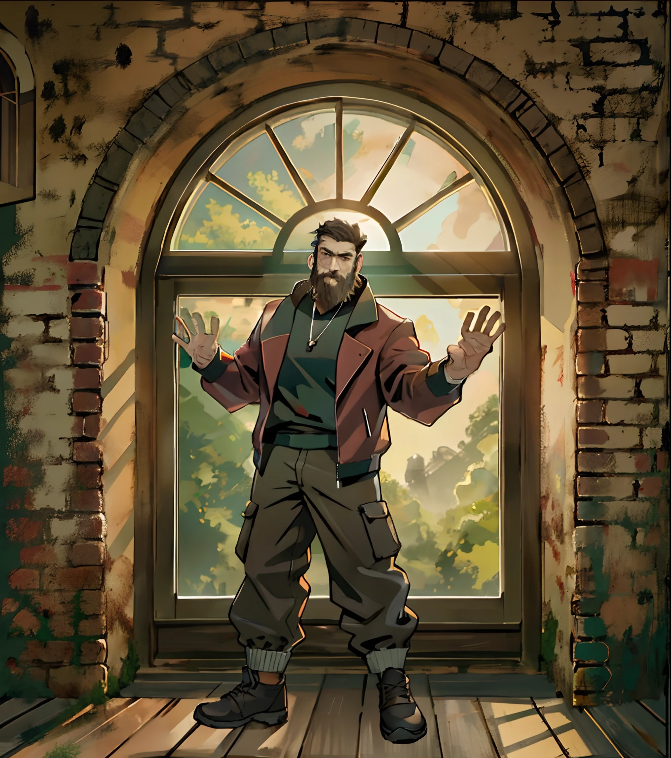 A bearded man in a red jacket and pants stands in front of a window with outstretched arms, full body character concept, full body concept, detailed full body concept, The room has a window overlooking the garden, Brown (Brick) Walls, warm lighting, background illustration, Soft light from the window,  wooden floor, Window with natural light,  Light from the window