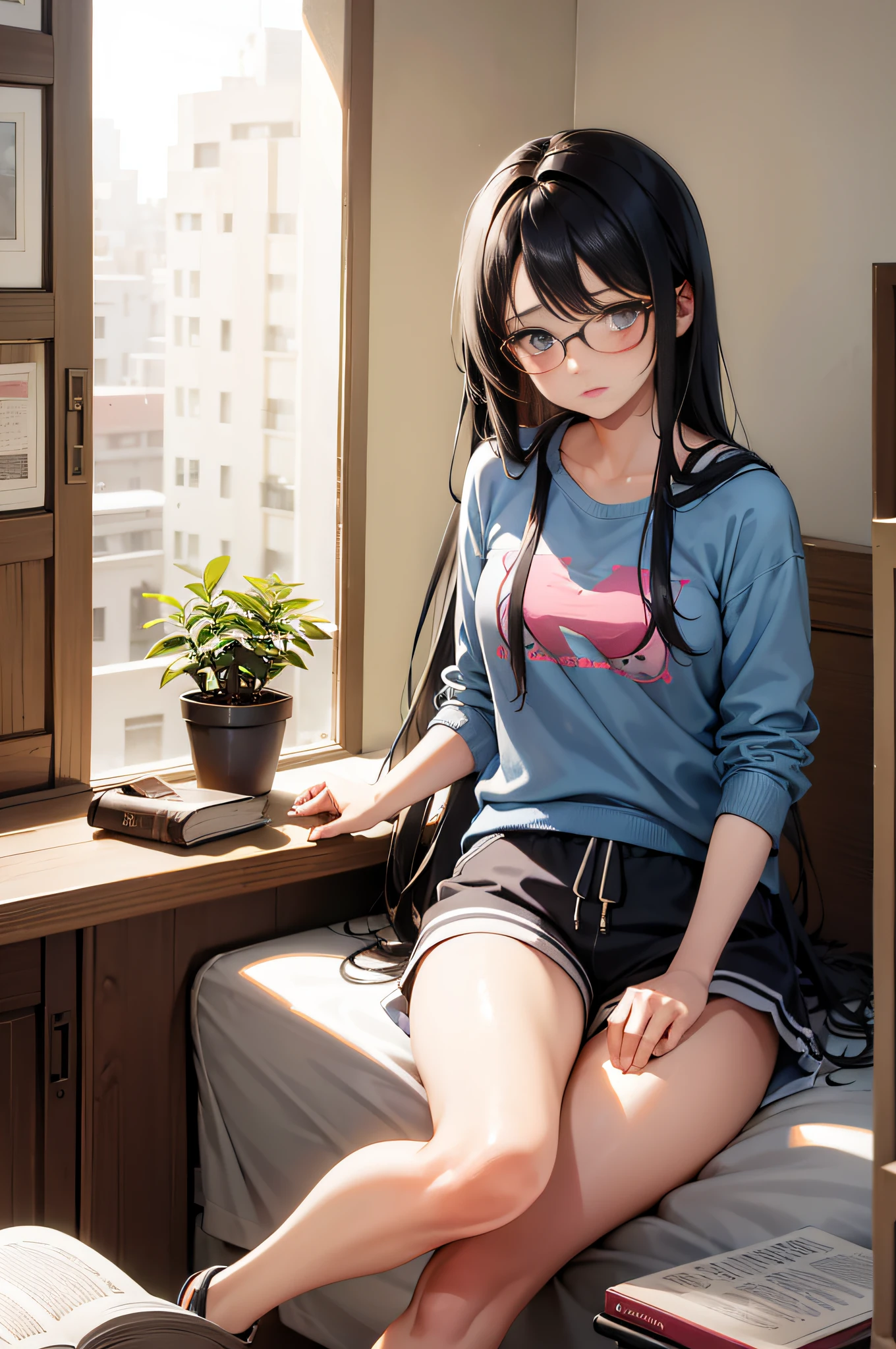 1girl, cabello atado, gafas,
Sentado en una bolsa de frijoles junto a la ventana, dormitorio femenino, Lectura de libro manga, sudadera con capucha, shorts, zapatos deportivos, biblioteca, escritorio