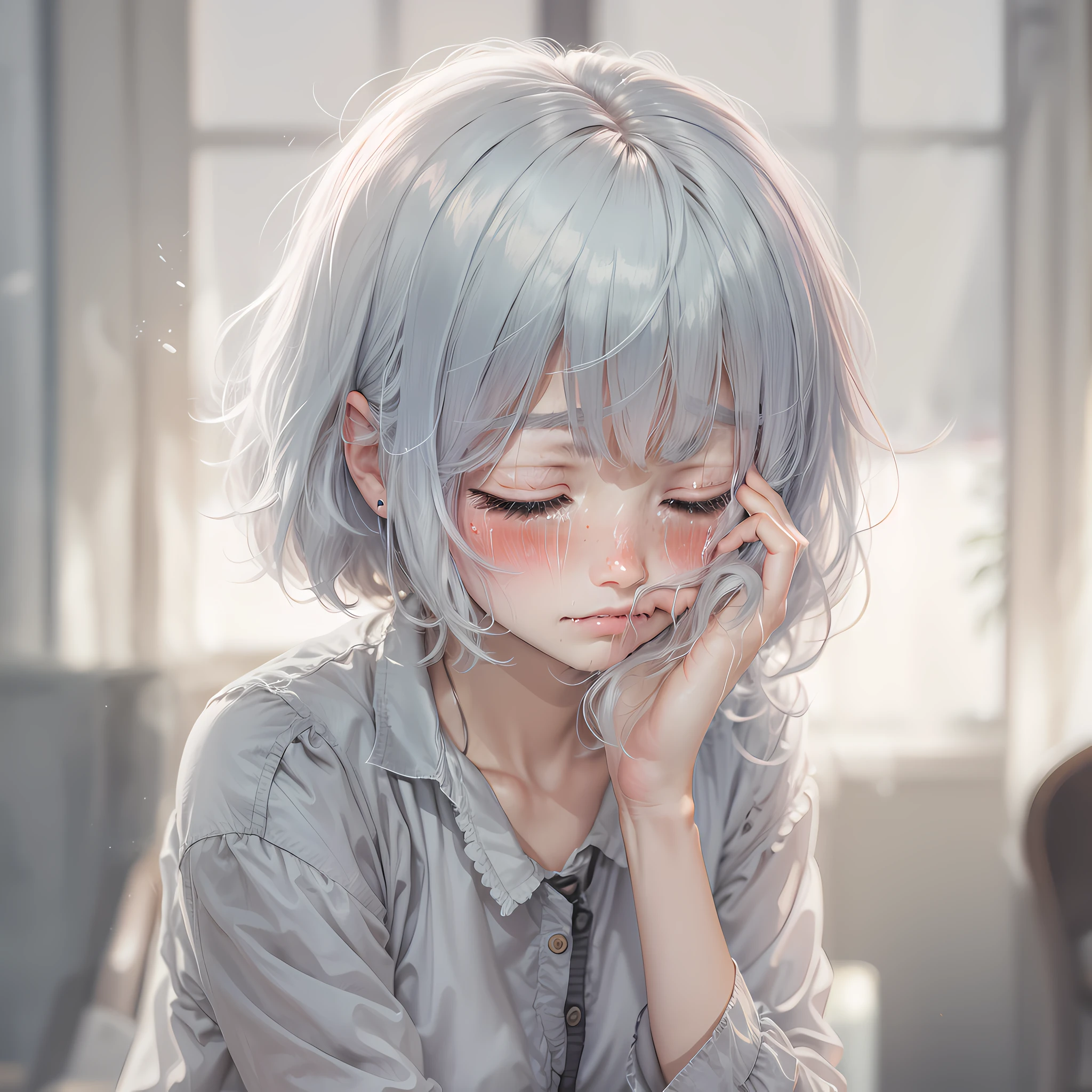 silver hair, tired hair, swept bangs, Short hair, Skirt, Serahuku, tear, close your eyes and cry, nose blush, frown, tears, upset, clenched teeth, wipe tears with hands, leaning forward,
