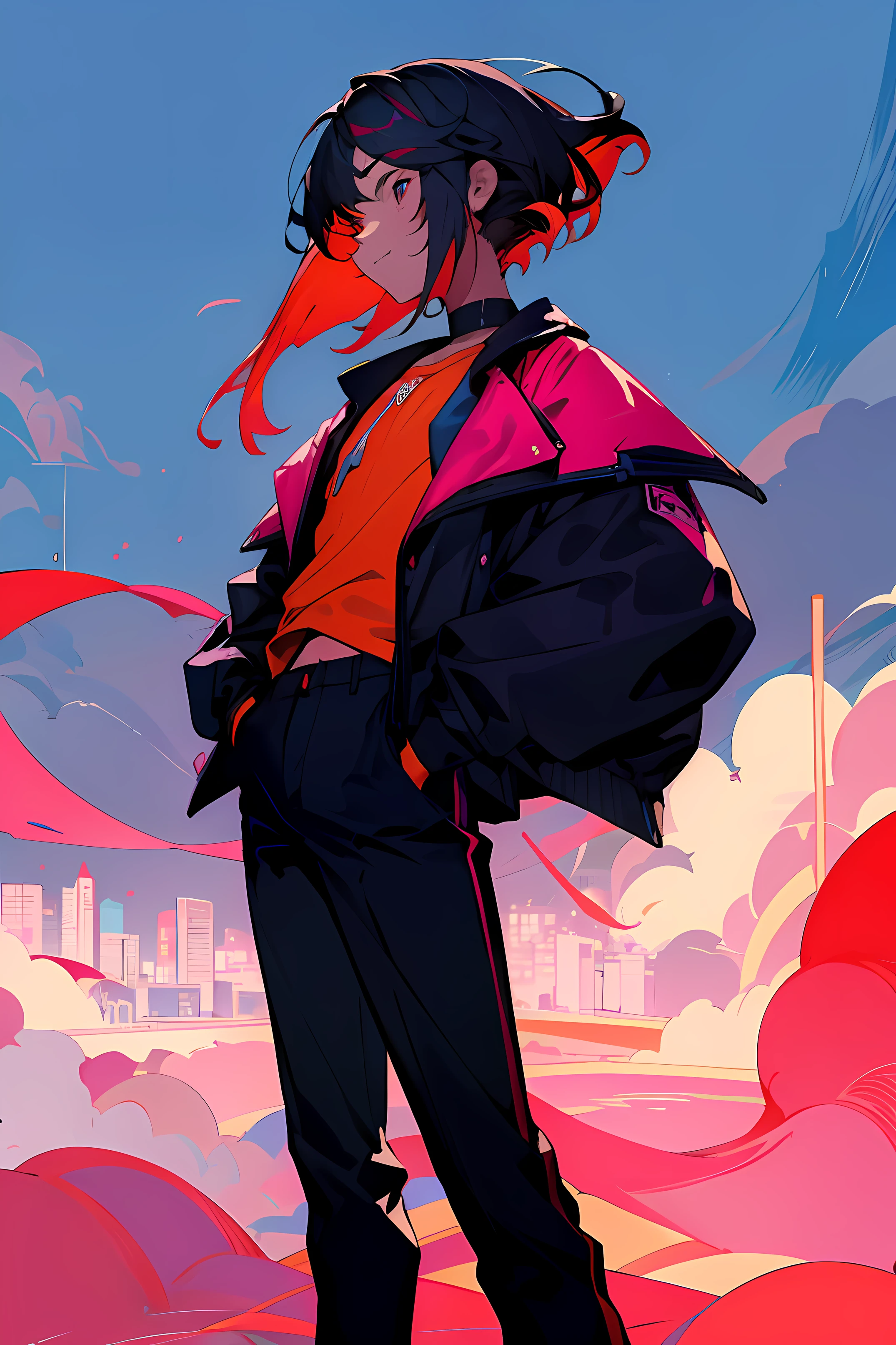 melhor qualidade, papel de parede 4K, obra-prima, extremamente detalhado CG unidade de papel de parede 8k, olhos extremamente detalhados, ultra-detalhado, detalhes intrincados, 1boy, estilo de arte retro, estilo de arte neon_pop, Public, ao ar livre, sinal de estrada, cidade, gradient in hair, cabelo preto, cabelo curto, scarlet red iris, sorriso sacartisco, hands in a pocket, black pant, jaqueta vermelha com detalhes pretos, cidade faroeste