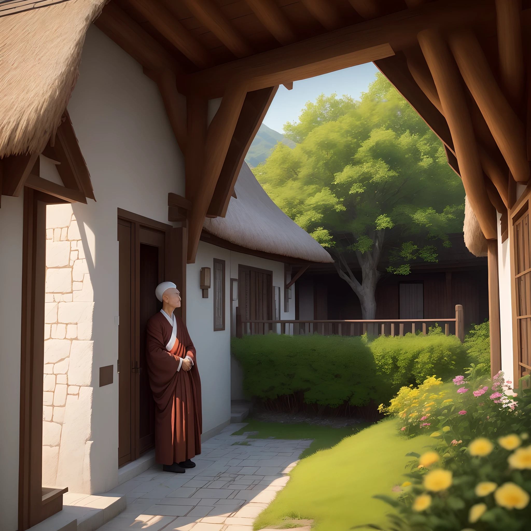 The image depicts a solemn and serene monastery, situated on top of a majestic hill. The monastery is built in a traditional style, with weathered stone walls and gray tiled roofs. Its secluded and peaceful location offers panoramic views of the surrounding countryside.
In the courtyard of the monastery, a wise monk is present. He is dressed in a simple brown robe that flows around his lean body. His calm, glowing face reflects the serenity and wisdom he embodies. His deep eyes seem to carry a vast understanding of the world and an unwavering compassion for all beings.
Around the monk, there is an aura of peace and tranquility. The gentle breeze makes the leaves of the nearby trees slowly move, creating a soft and comforting melody. The sun shines softly, enveloping the monk in a soft halo of golden light, as if his presence is in harmony with the nature around him.
At the base of the hill lies a picturesque village, with thatched-roof houses and narrow streets. The people of the village are gathered in a central square, eager to hear the monk's words of wisdom. They look up to the hill with anticipation and respect, hoping to learn from the knowledge the monk shares.
The image captures the reverence and admiration people have for the wise monk. His imposing presence and his connection to nature and transcendental wisdom are evident in the scene. It is an image that inspires tranquility, search for knowledge and a deep spiritual connection. Photographic, realist, 4k