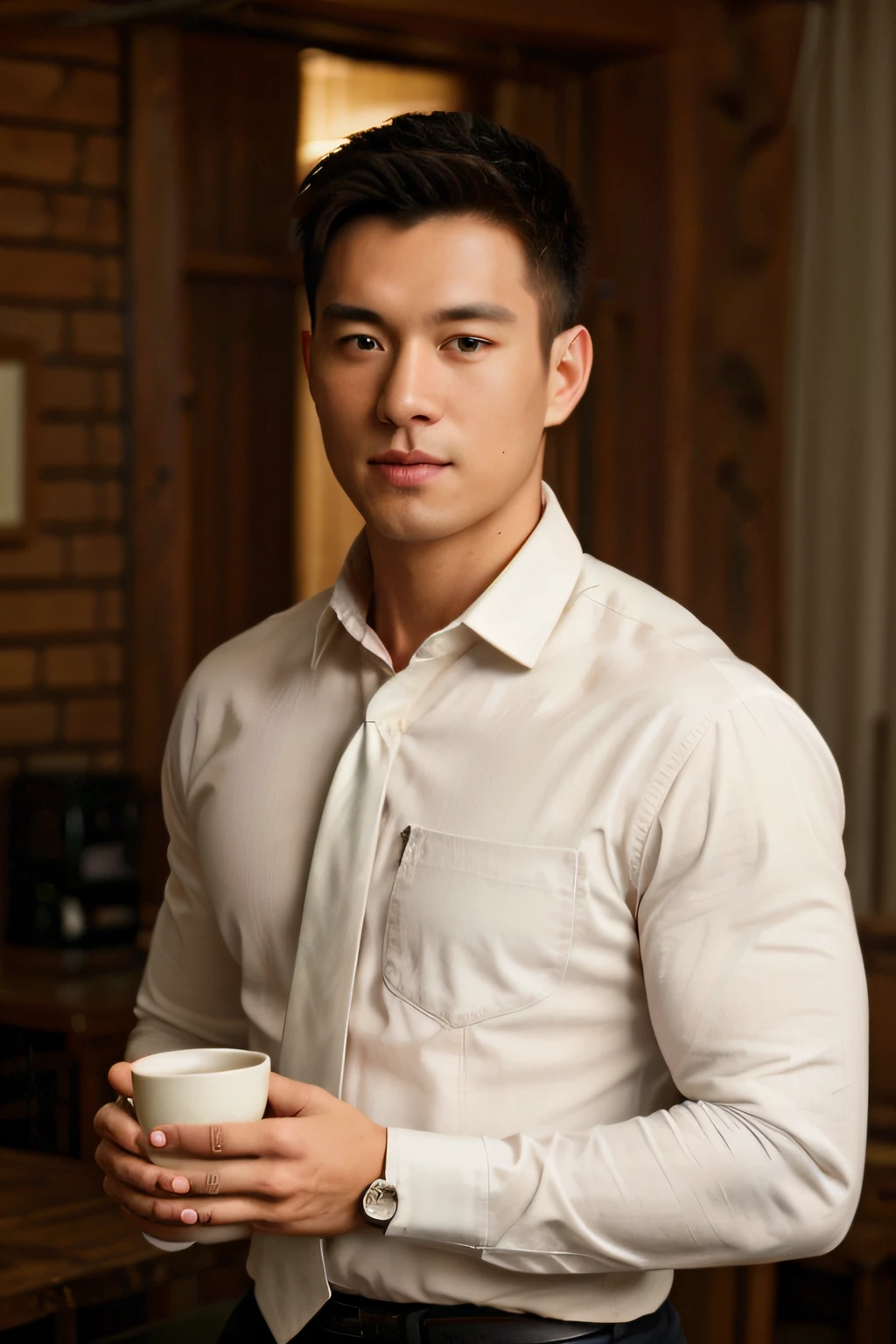 1man,
a 30 y.o muscular male wearing long-sleeve white shirt and tie, drinking coffee,
soft lighting,
masterpiece, best quality, 8k uhd, dslr, film grain, Fujifilm XT3 photorealistic painting art by midjourney and greg rutkowski