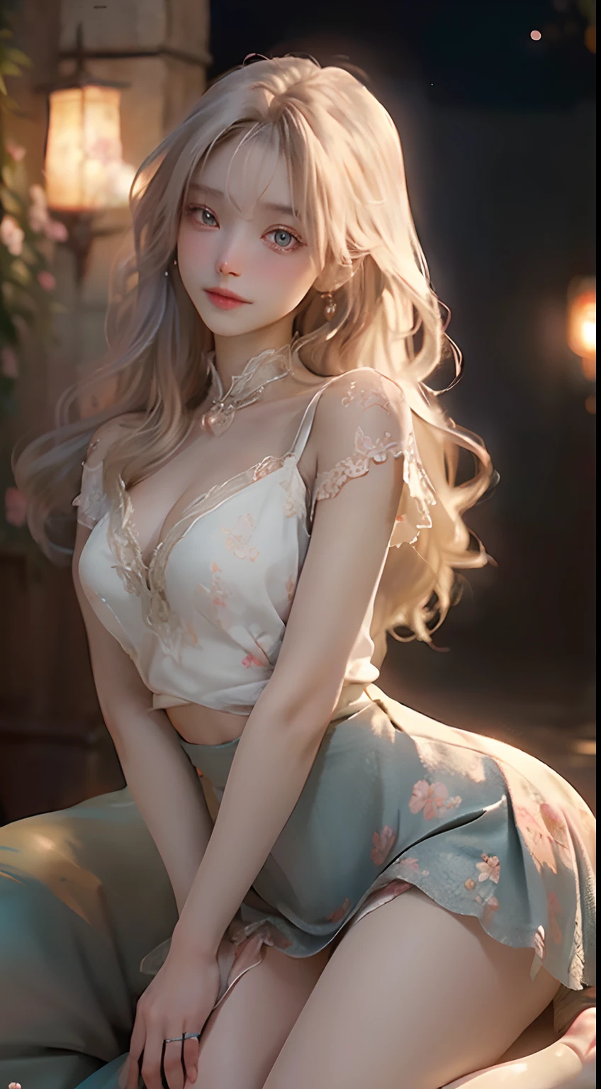 (a color),(Delicate beautiful eyes and delicate face),Among the flowers and plants of the forest,Movie lamplight,bust,非常详细的 CG 统一 8k 壁纸,whaite hair,独奏,ssmile,Complex skirts,((Fly petals)) ,(Flowery meadow) sky, cloudy_sky, building, moonlight, moon, night, (dark theme:1.3), light, fantasy,{best qualtiy},{ {tmasterpiece}},Extremely detailed 8k wallpaper,{An extremely delicate and beautiful},coloured with lots of colour,intricately details,photorealestic,Realiy,Camera quality,(Carefully portray clothes),Cold white skin,(Carefully portray blush),1080p,Soft cute,Silky light blonde hair,Messy beauty,lamplight,Sense of brokenness,The skin is shiny and silky,3D stereoscopic,tmasterpiece,The best quality,The illustrations are super detailed,beautidful eyes,Very delicate light,Fine luminescence,Very detailed 8k CG wallpaper,Peach blossom eyes,An extremely delicate and beautiful girl,8k wallpaper,best qualtiy,close-up all over the body,Luxuriously silky bright red chiffon overshine(illusion,glitters,Ultrathin,softness,)