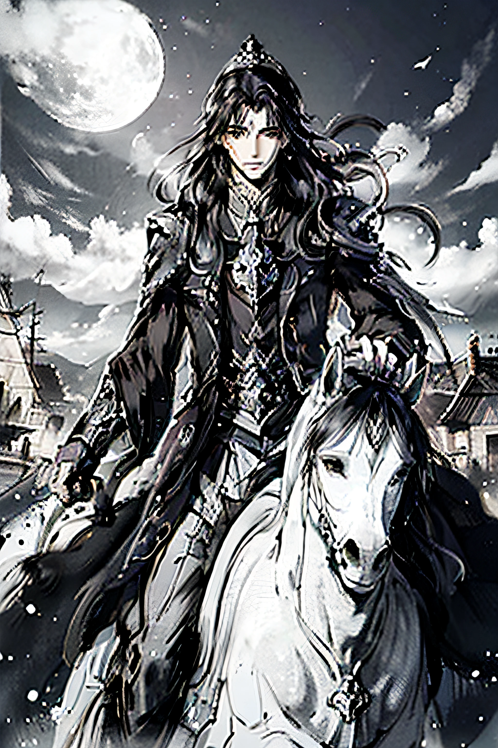 tmasterpiece,Best quality,Man with gun,horses,Clouds,moon full,Covered in blood