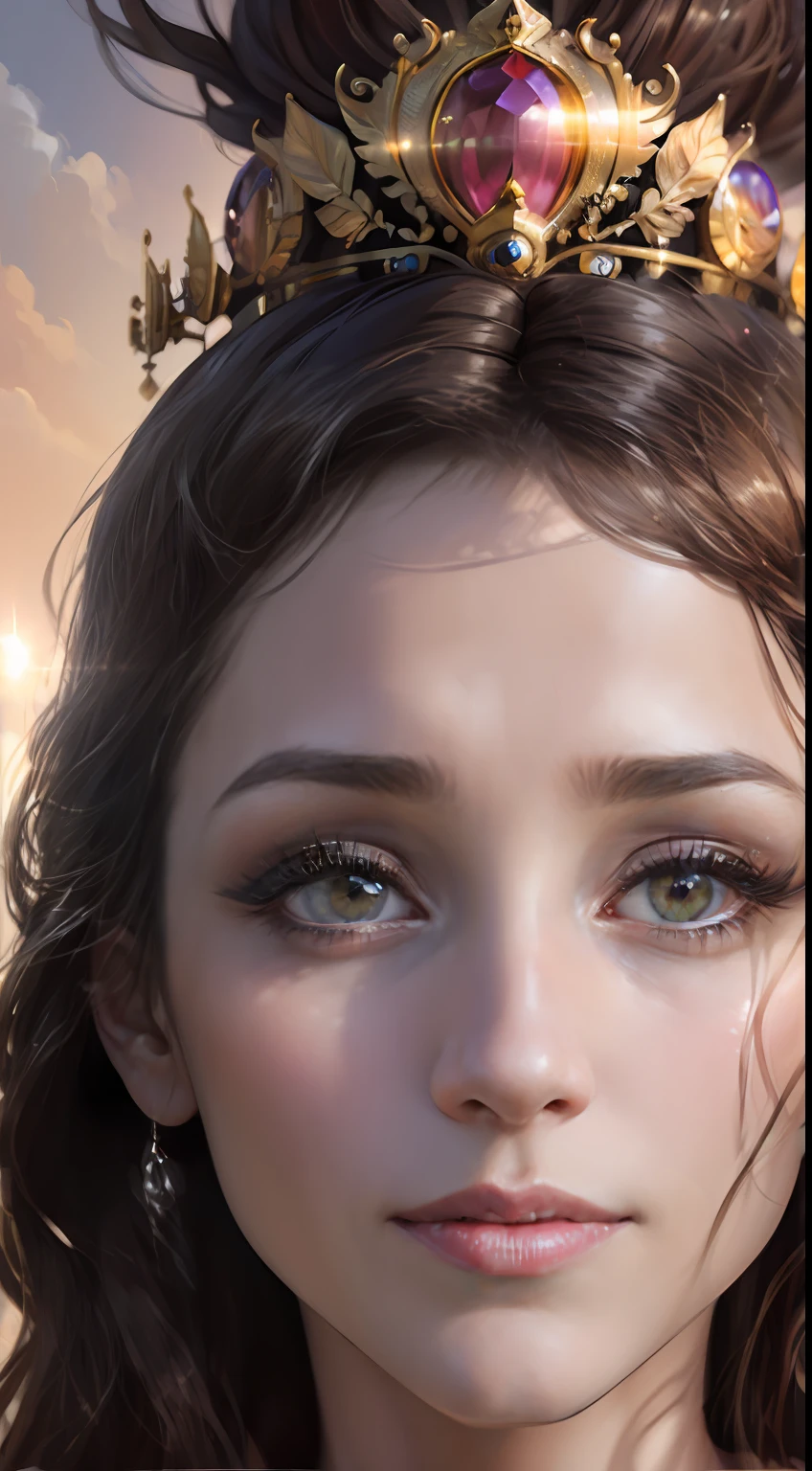 Hyper realistic super detailed Dynamic shot of the face portrait of a beautiful mature in these 33 years princess with eyes shining as the sun