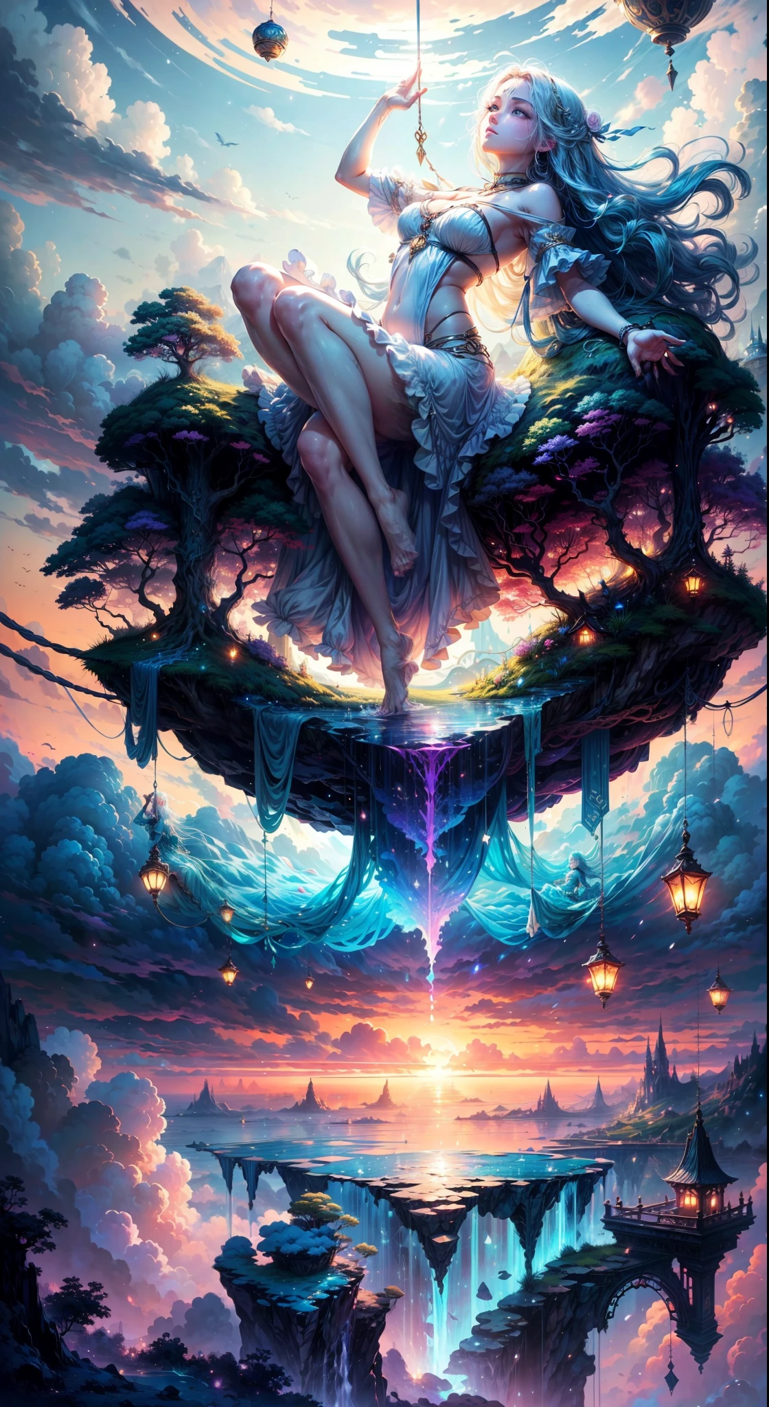 Envision a mesmerizing scene where a woman is suspended by her belly, delicately tied with ornate ropes, in a dreamlike realm of floating islands and colorful skies. The environment is filled with fluffy clouds, waterfalls cascading from the floating islands, and a vibrant, surreal atmosphere. (((The woman's face is extremely detailed with beautiful distinct features.))) The woman's expression exudes a sense of peace and serenity as she hangs weightlessly in the air. The atmosphere is filled with a sense of wonder and tranquility. This scene will be depicted in an anime-style illustration, with soft lines, pastel colors, and a whimsical touch. The artwork will capture the ethereal beauty and tranquility of the dreamlike realm, creating a sense of harmony and escape from the ordinary world. ((She has perfectly formed hands.)), (((She has two normal legs.)))