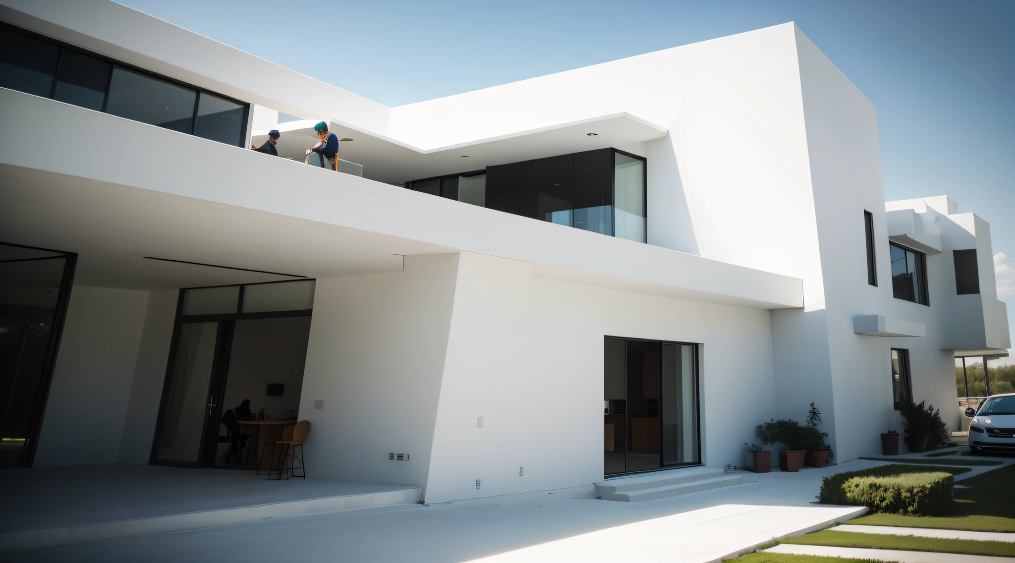 it is a real shot of workers building a house, house under construction, workers repairing, 3 workers are painting the house, modern house with white exterior and large windows, arhitectural shot, modern architecture design, contemporary architecture, award winning modern design, neotraditional modern minimalist, modern architecture, architectural shot, bold architecture, workers, award winning contemporary, contemporary house, overall architectural design, smooth architecture, white minimalist architecture, great architecture, modern house, minimalistic architecture, award winning architecture, white architecture,8k post, 8k post,high quality picture, superb detail 8k, by Jacob Pynas, everything is real, architectural shot, modern design, perfect, the house is from real, the walls details are real, the grass is real