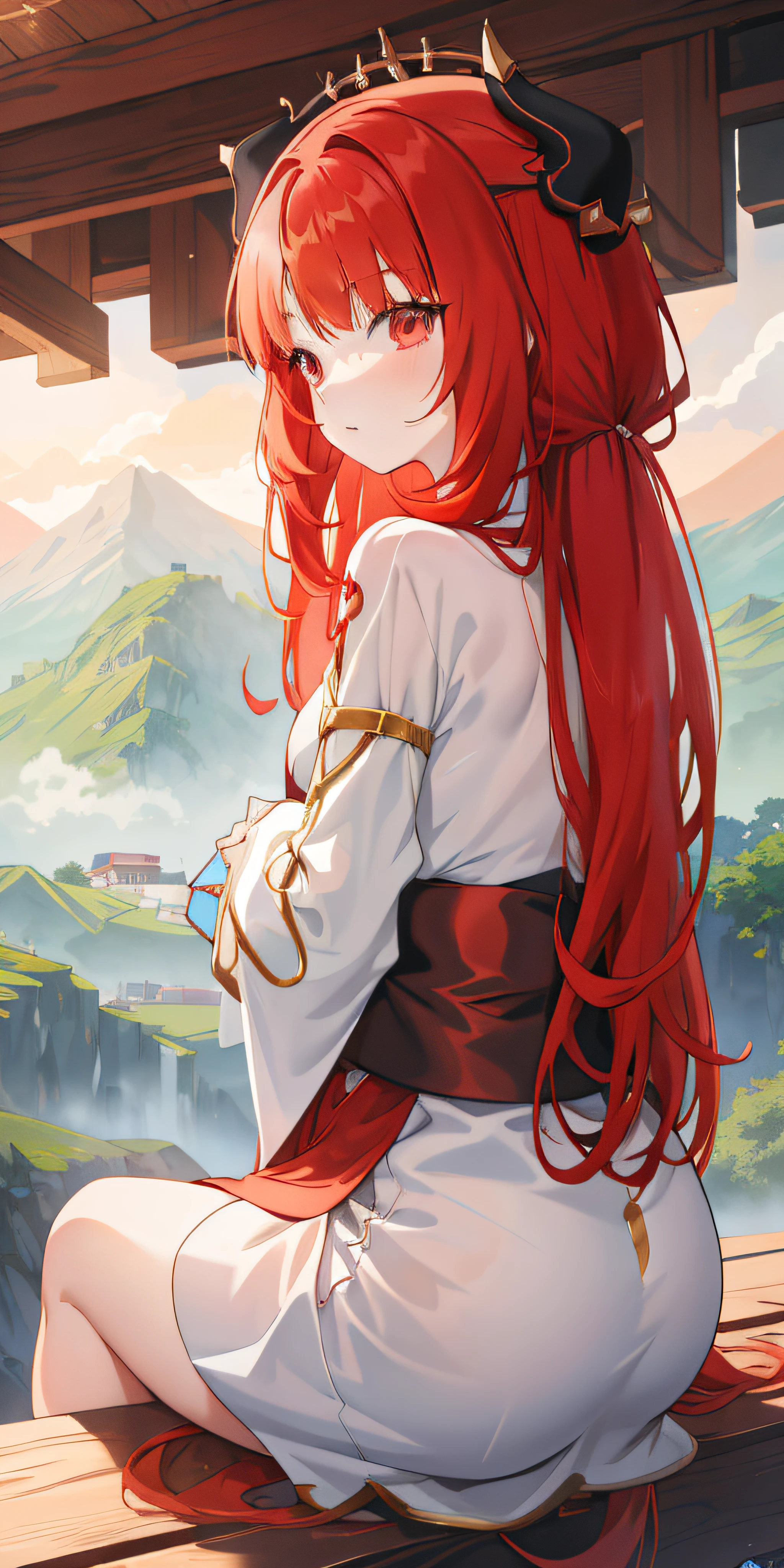 anime girl with red hair sitting on a wooden platform looking out over a mountain range, red waist-long hair, 4 k manga wallpaper, anime girl with long hair, rias gremory, flowing hair and long robes, with red hair, clean detailed anime art, anime art wallpaper 8 k, anime art wallpaper 4 k, anime art wallpaper 4k