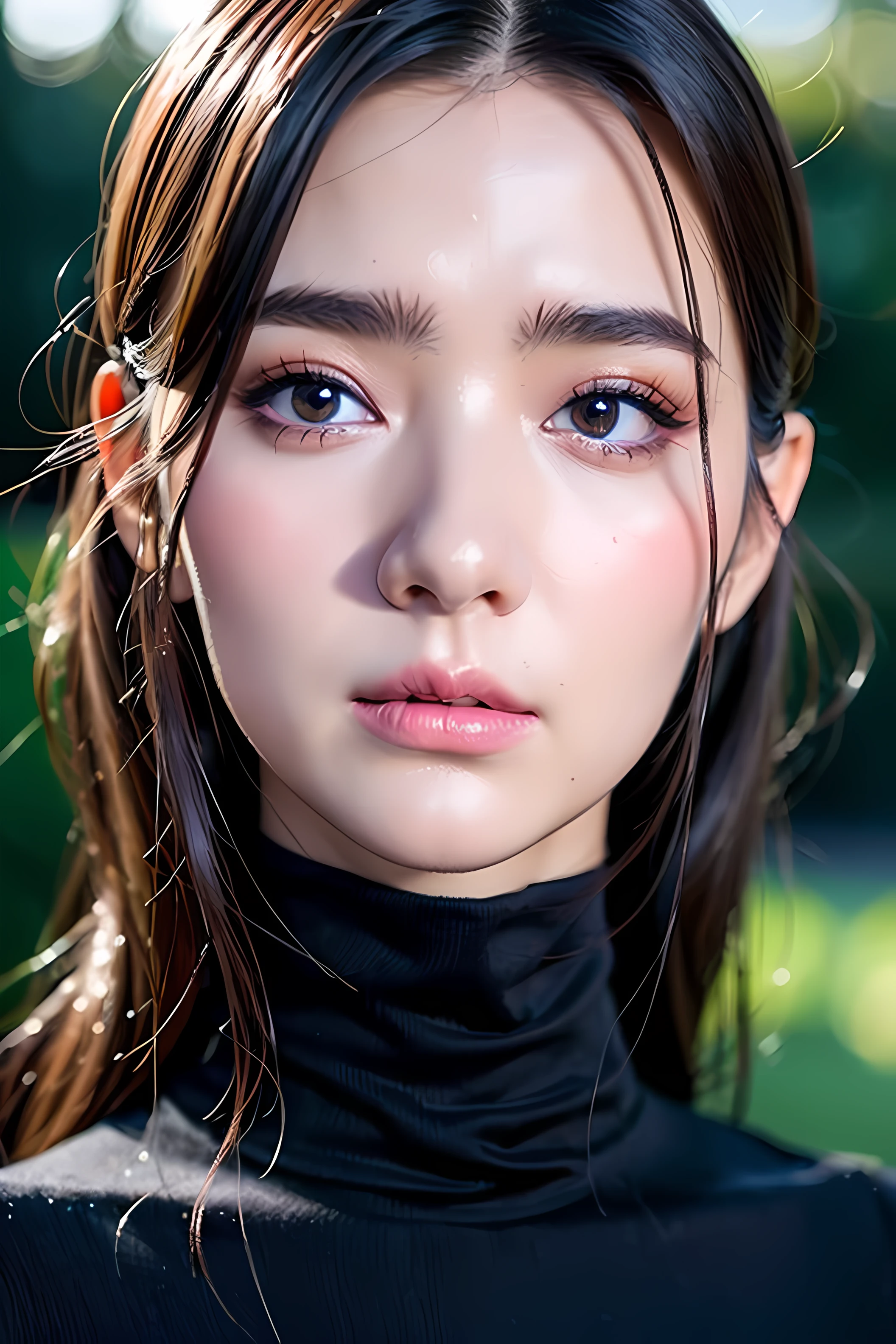 (MASTERPIECE:1.2),(CGI ART:1.3),(REALISTIC:1.5),(POST PROCESSING:1.3),(SHARP FOCUS:1.3),8K,1 girl, dark purple, dark purple eyes, blushing, ((Portrait)), ((turtleneck)), (((shiny skin))),garden, (high shadows detail) , (ILLUSTRATION:1.2), (ulzzang-6500:1.0)