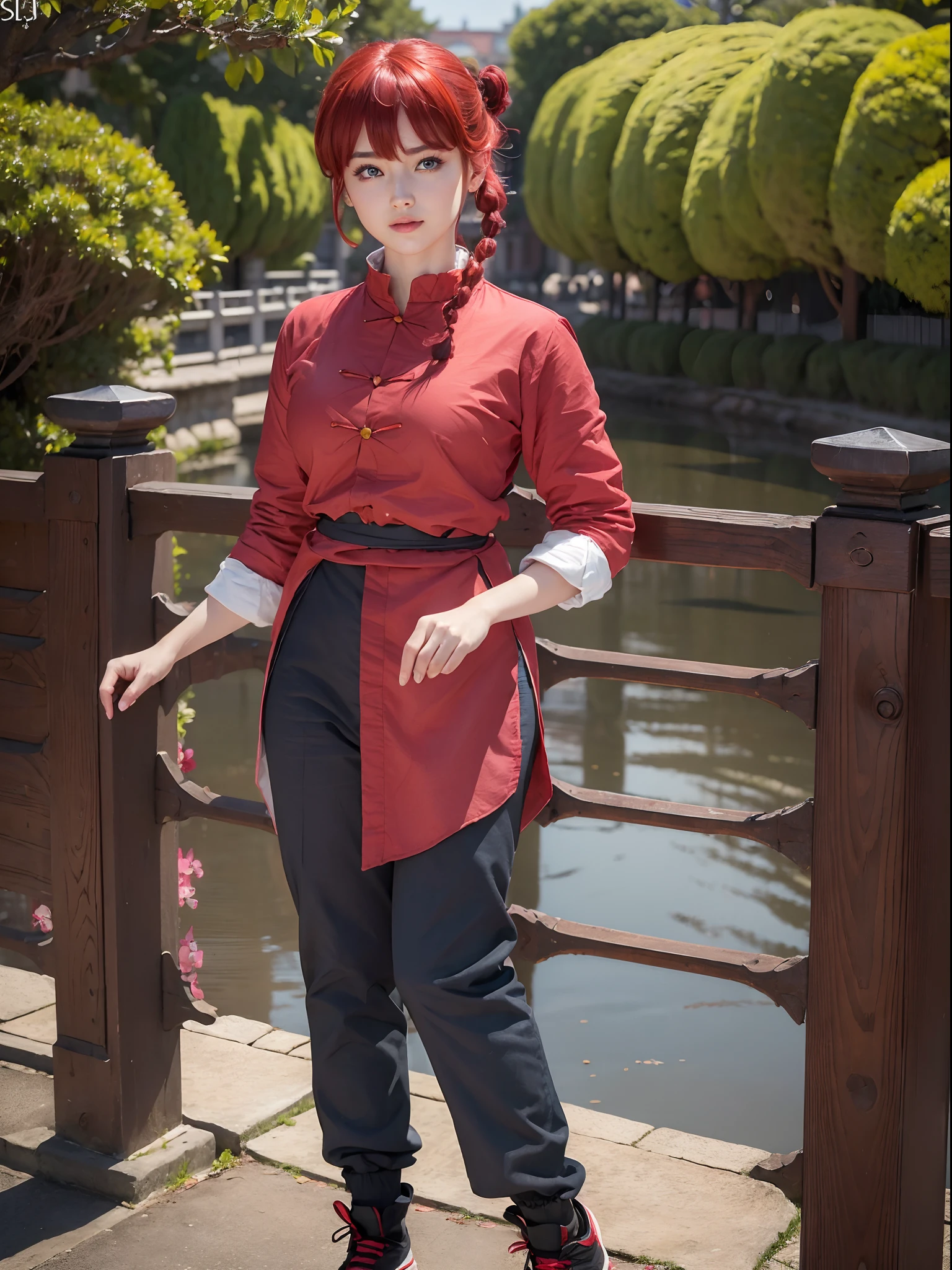 (masterpiece, best quality:1.4), (standing:1.5), (dynamicpose:1.5), 1girl, ranma-chan, (1girl), solo, blue eyes, (red hair),  bangs, tangzhuang, braided ponytail, sleeves rolled up, black pants, black footwear, on a chinesse garden with sakura trees, a bridge and water, looking at viewer, sexy smile, beautiful face, highly detailed face, highly detailed eyes, highly detailed skin, skin pores, subsurface scattering, realistic pupils, full face blush, full lips, detailed background, depth of field, volumetric lighting, sharp focus, absurdres, realistic proportions, good anatomy, (realistic, hyperrealistic:1.4), 16k hdr,