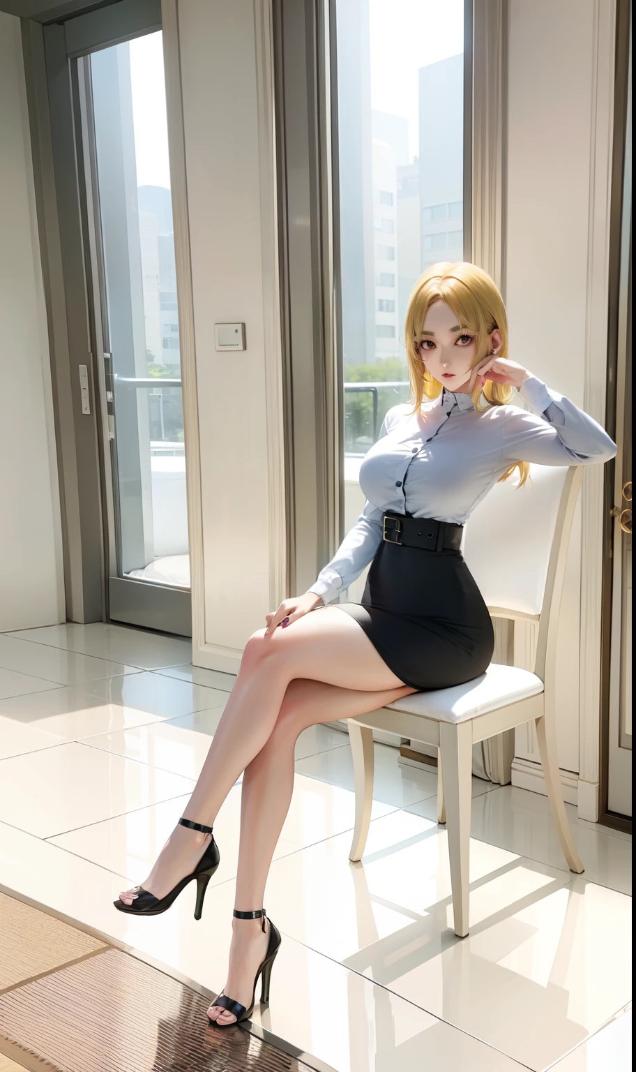 there is a woman sitting on a chair in a room, korean women's fashion model, gorgeous young korean woman, cute elegant pose, beautiful south korean woman, photo of slim girl model, standing elegant pose, beautiful young korean woman, korean woman, korean girl, stunning elegant pose, photo of slim girl, feminine slim figure, wearing an elegant dress, office clothes, yellow hair