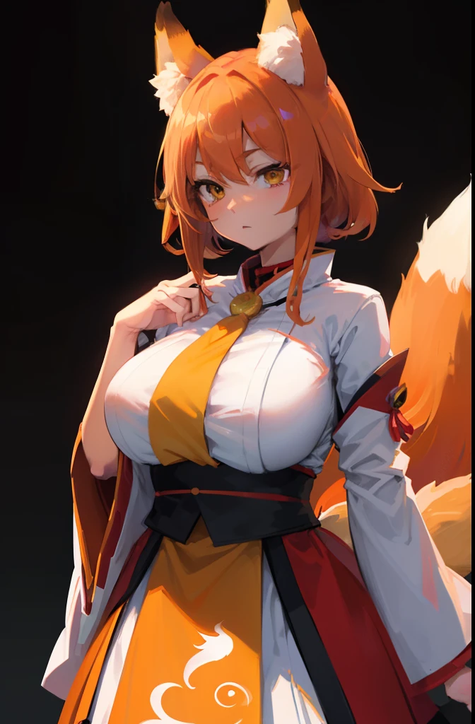 Volumetric Lighting, Best Shadows, Portrait Of Stunningly Beautiful Girl, Petite, Delicate Beautiful Attractive Face With Alluring Yellow Eyes, huge breasts, Short orange hair, Slim Waist, Standing, (Highest Quality, Amazing Details:1.25), (Solo:1.3), Brilliant Colorful Paintings anime character dressed in a red and white dress with a fox tail, fox nobushi, kitsune, kitsune, kemono, a beautiful fox lady, a beautiful kitsune woman, senko san