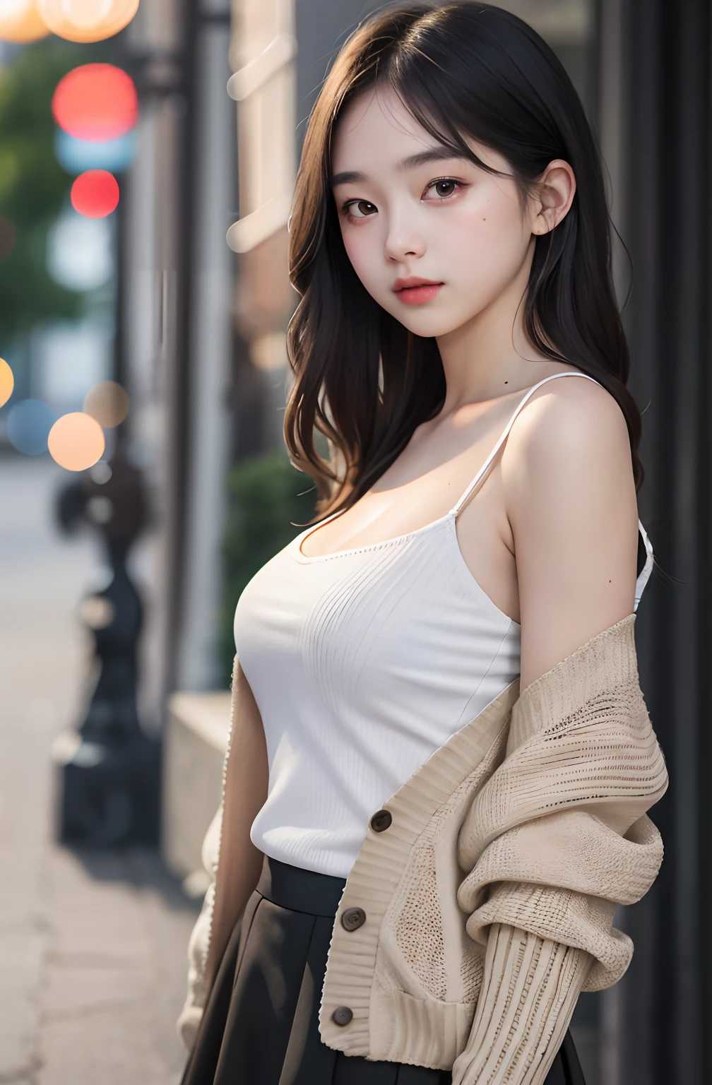 1girl, cute, s old, seductive expression, While looking at the camera, spaghetti strap top ,high waist short skirt, photo, realistic, best quality, hires, detailed face, detailed background, diffused lighting, depth of field, bokeh, cardigan