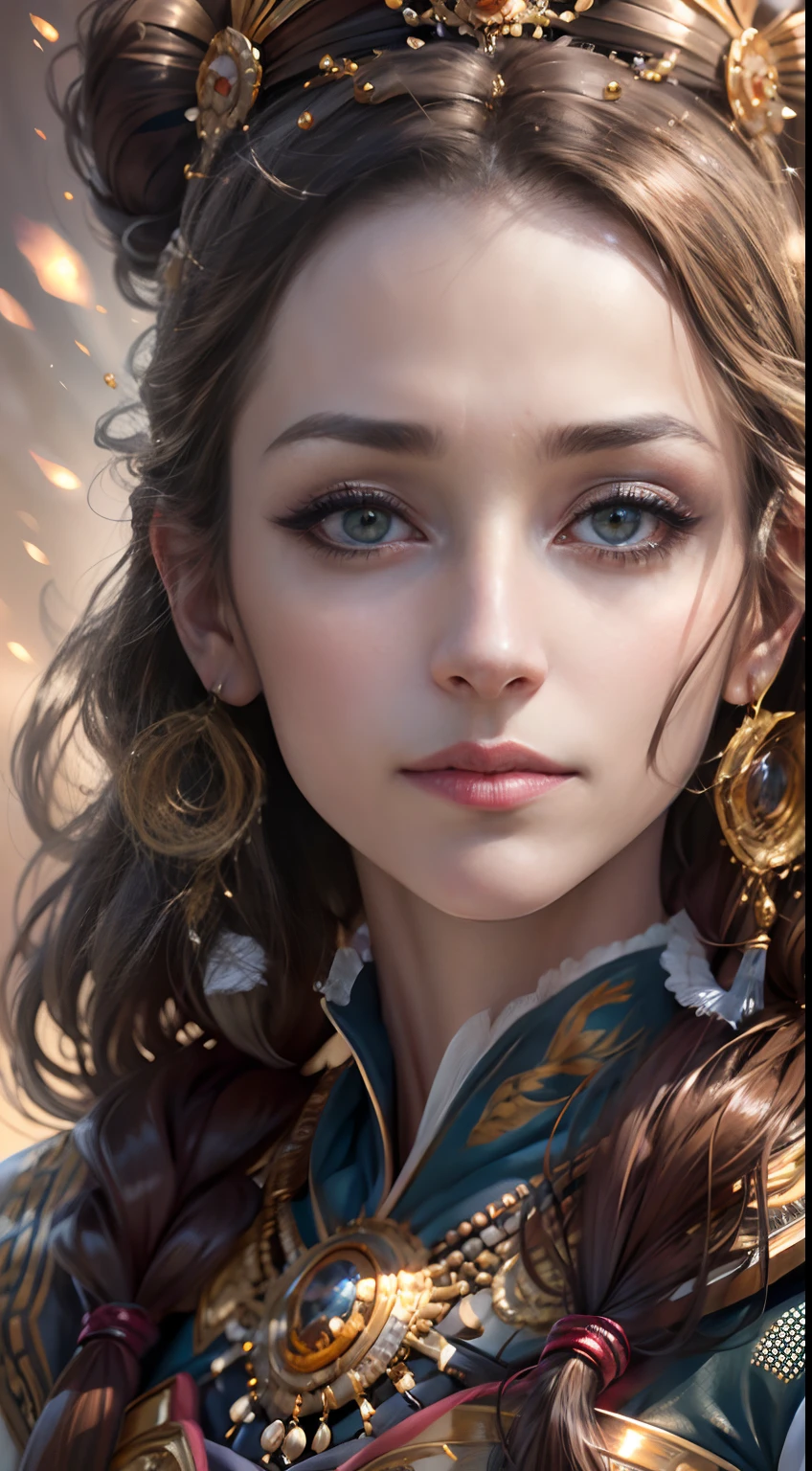 Hyper realistic super detailed Dynamic shot of the face portrait of a beautiful mature in these 33 years princess with eyes shining as the sun