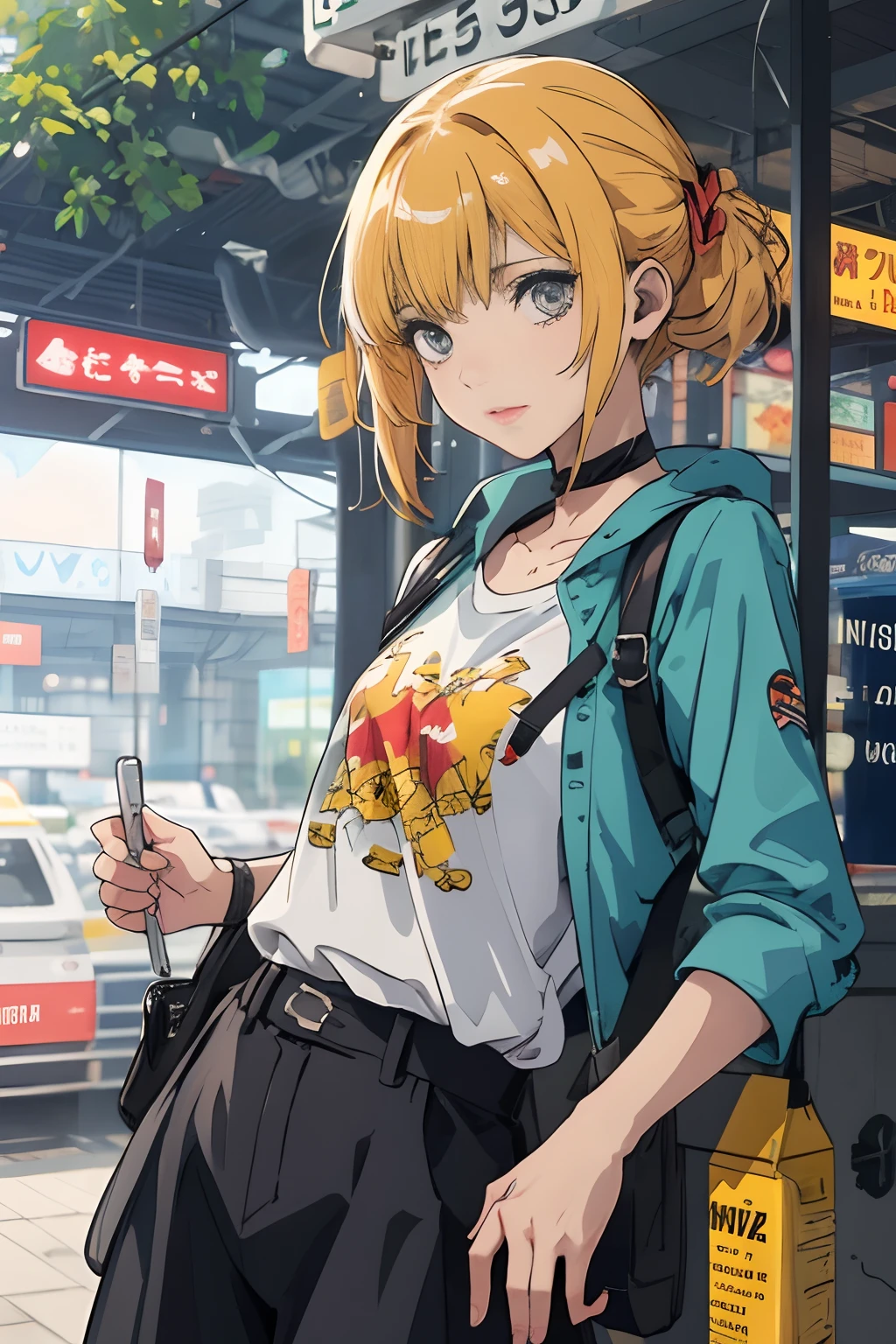 (Melhor qualidade, Obra-prima:1.2) | Olho detalhado:1.2 1 mulher (dinamic angle, ponto de vista, cabelo longo) gargantilha, camisa, moletom aberto, brincos na orelha, Food with buttons, Bow in the hair, finamente detalhado, obra-prima.