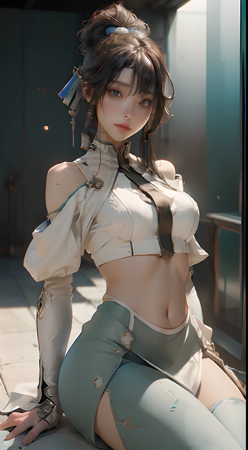 ((best qualtiy)), ((tmasterpiece)), (the detail:1.4), 3D, A beautiful cyberpunk female image,hdr(HighDynamicRange),Ray traching,NVIDIA RTX,Hyper-Resolution,Unreal 5,Subsurface scattering、PBR Texture、post-proces、Anisotropy Filtering、depth of fields、maximum definition and sharpness、Many-Layer Textures、Albedo e mapas Speculares、Surface coloring、Accurate simulation of light-material interactions、perfectly proportions、rendering by octane、Two-colored light、largeaperture、Low ISO、White balance、the rule of thirds、8K raw data,Expose the belly button,Exposing thighs