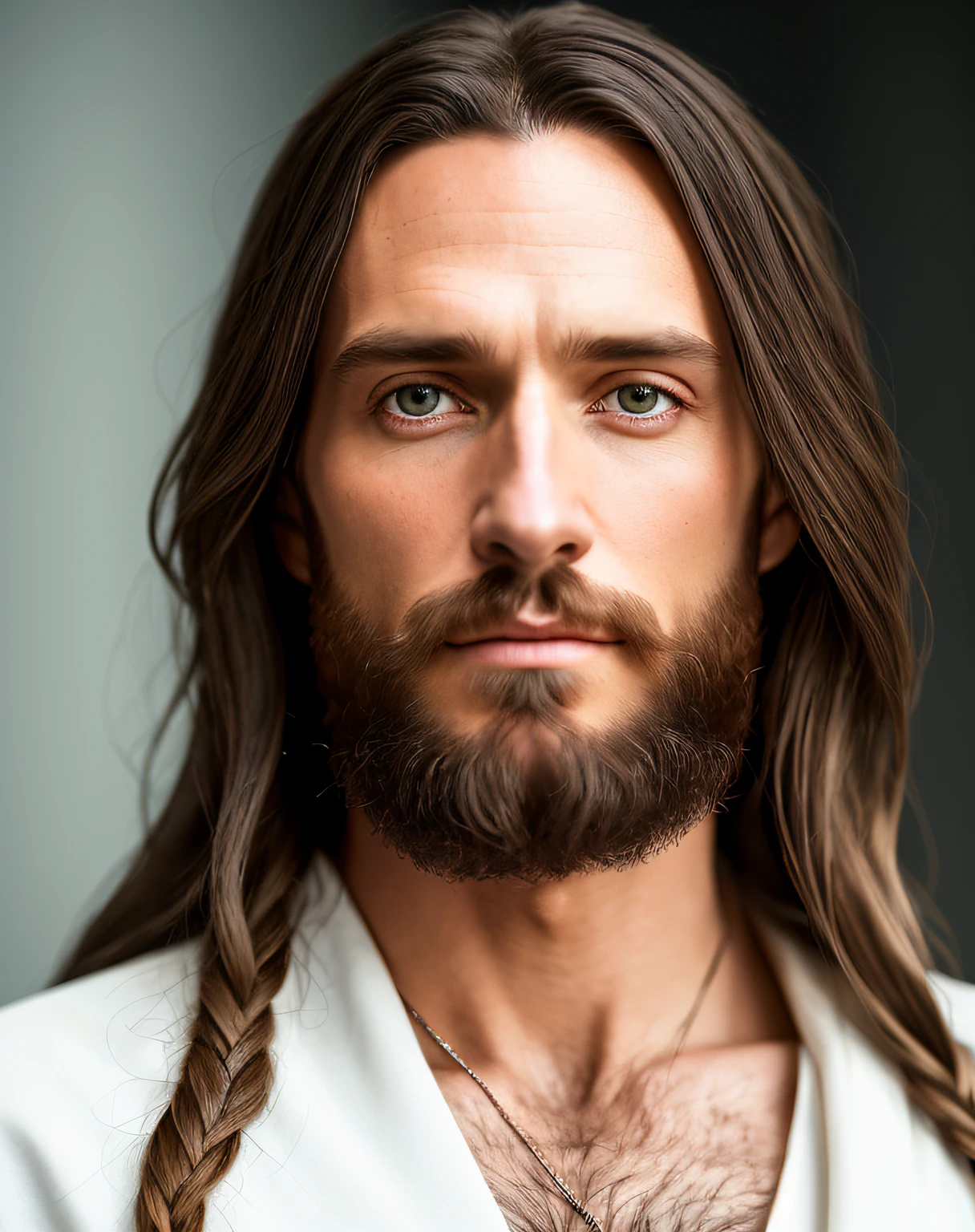 (symmetry),centered,a ((close)) up portrait,(Jesus),a very thin white man with long hair and a beard,wearing a long white robe,35mm,natural skin,clothes  detail, 8k texture, 8k, insane details, intricate details, hyperdetailedhighly detailed,realistic,soft cinematic light,HDR,sharp focus, ((((cinematic look)))),intricate, elegant, highly detailed