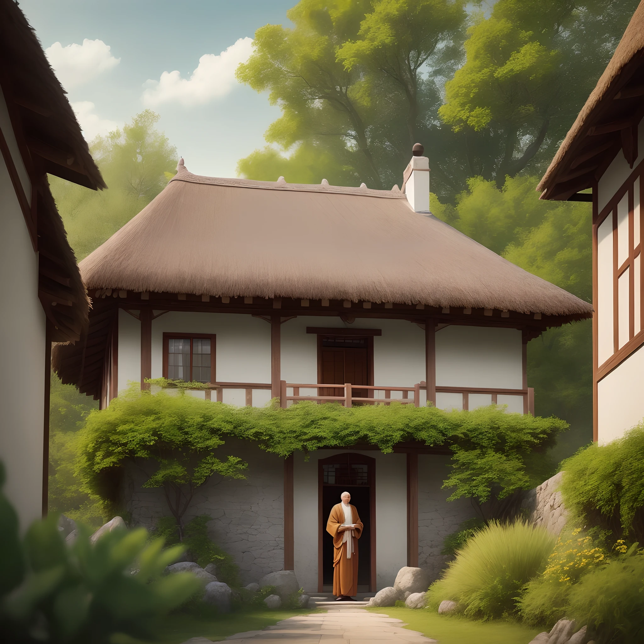 The image depicts a solemn and serene monastery, situated on top of a majestic hill. The monastery is built in a traditional style, with weathered stone walls and gray tiled roofs. Its secluded and peaceful location offers panoramic views of the surrounding countryside.
In the courtyard of the monastery, a wise monk is present. He is dressed in a simple brown robe that flows around his lean body. His calm, glowing face reflects the serenity and wisdom he embodies. His deep eyes seem to carry a vast understanding of the world and an unwavering compassion for all beings.
Around the monk, there is an aura of peace and tranquility. The gentle breeze makes the leaves of the nearby trees slowly move, creating a soft and comforting melody. The sun shines softly, enveloping the monk in a soft halo of golden light, as if his presence is in harmony with the nature around him.
At the base of the hill lies a picturesque village, with thatched-roof houses and narrow streets. The people of the village are gathered in a central square, eager to hear the monk's words of wisdom. They look up to the hill with anticipation and respect, hoping to learn from the knowledge the monk shares.
The image captures the reverence and admiration people have for the wise monk. His imposing presence and his connection to nature and transcendental wisdom are evident in the scene. It is an image that inspires tranquility, search for knowledge and a deep spiritual connection. Photographic, realist, 4k