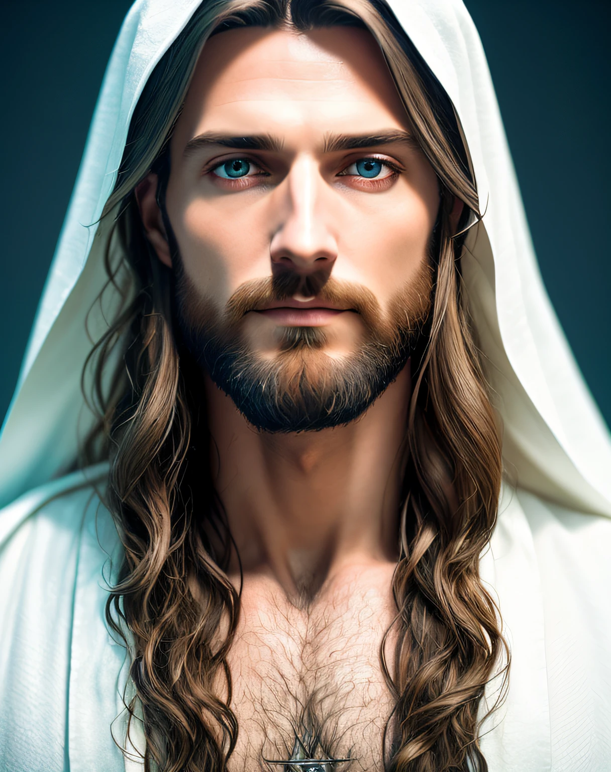 (symmetry),centered,a ((close)) up portrait,(Jesus),a very thin white man with long hair and a beard,wearing a long white robe,35mm,natural skin,clothes detail, 8k texture, 8k, insane details, intricate details, hyperdetailedhighly detailed,realistic,soft cinematic light,HDR,sharp focus, ((((cinematic look)))),intricate, elegant, highly detailed