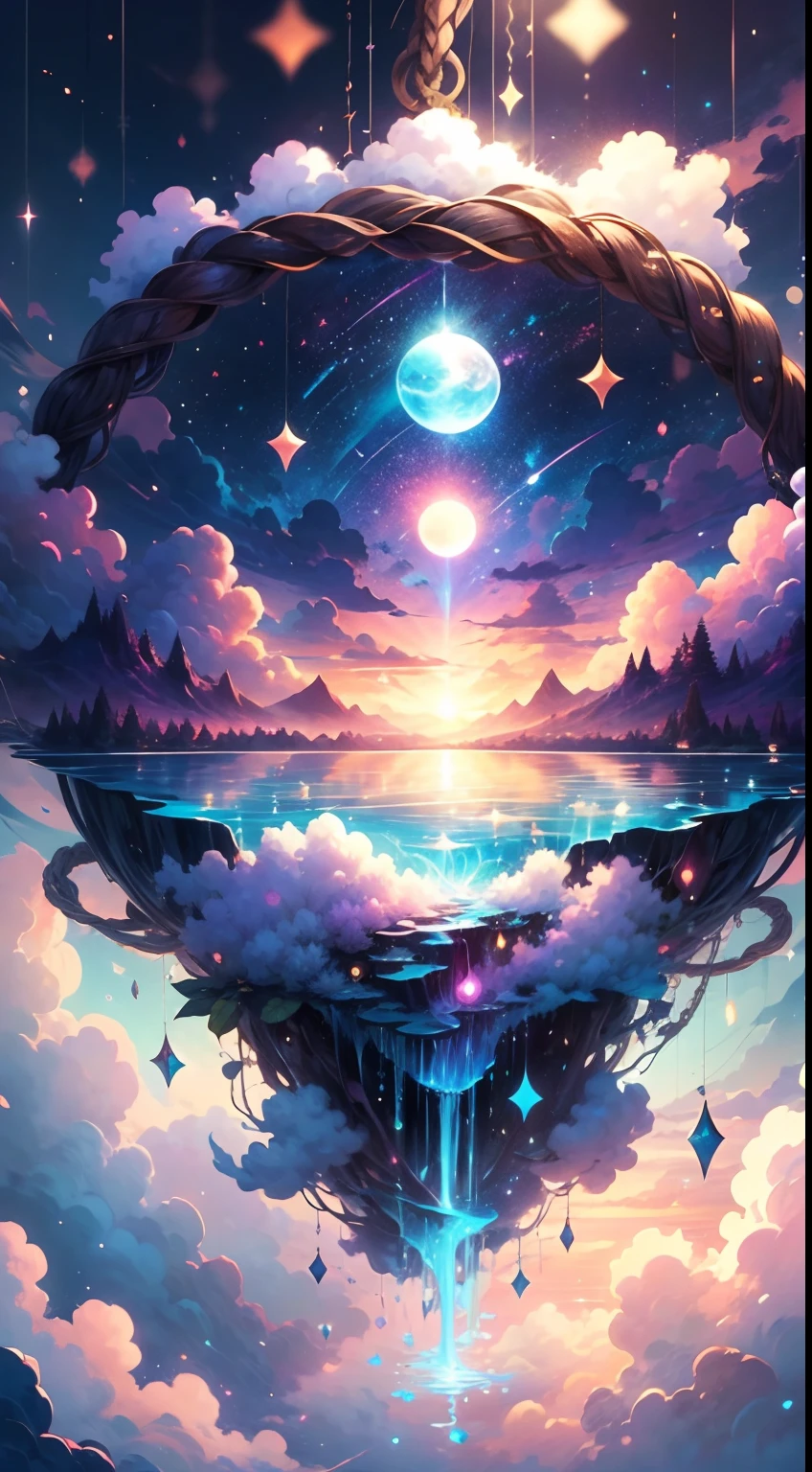 Envision a mesmerizing scene where a woman is suspended by her belly, delicately tied with ornate ropes, in a dreamlike realm of floating islands and colorful skies. The environment is filled with fluffy clouds, waterfalls cascading from the floating islands, and a vibrant, surreal atmosphere. The woman's expression exudes a sense of peace and serenity as she hangs weightlessly in the air. The atmosphere is filled with a sense of wonder and tranquility. This scene will be depicted in an anime-style illustration, with soft lines, pastel colors, and a whimsical touch. The artwork will capture the ethereal beauty and tranquility of the dreamlike realm, creating a sense of harmony and escape from the ordinary world. Include interesting bubbles.