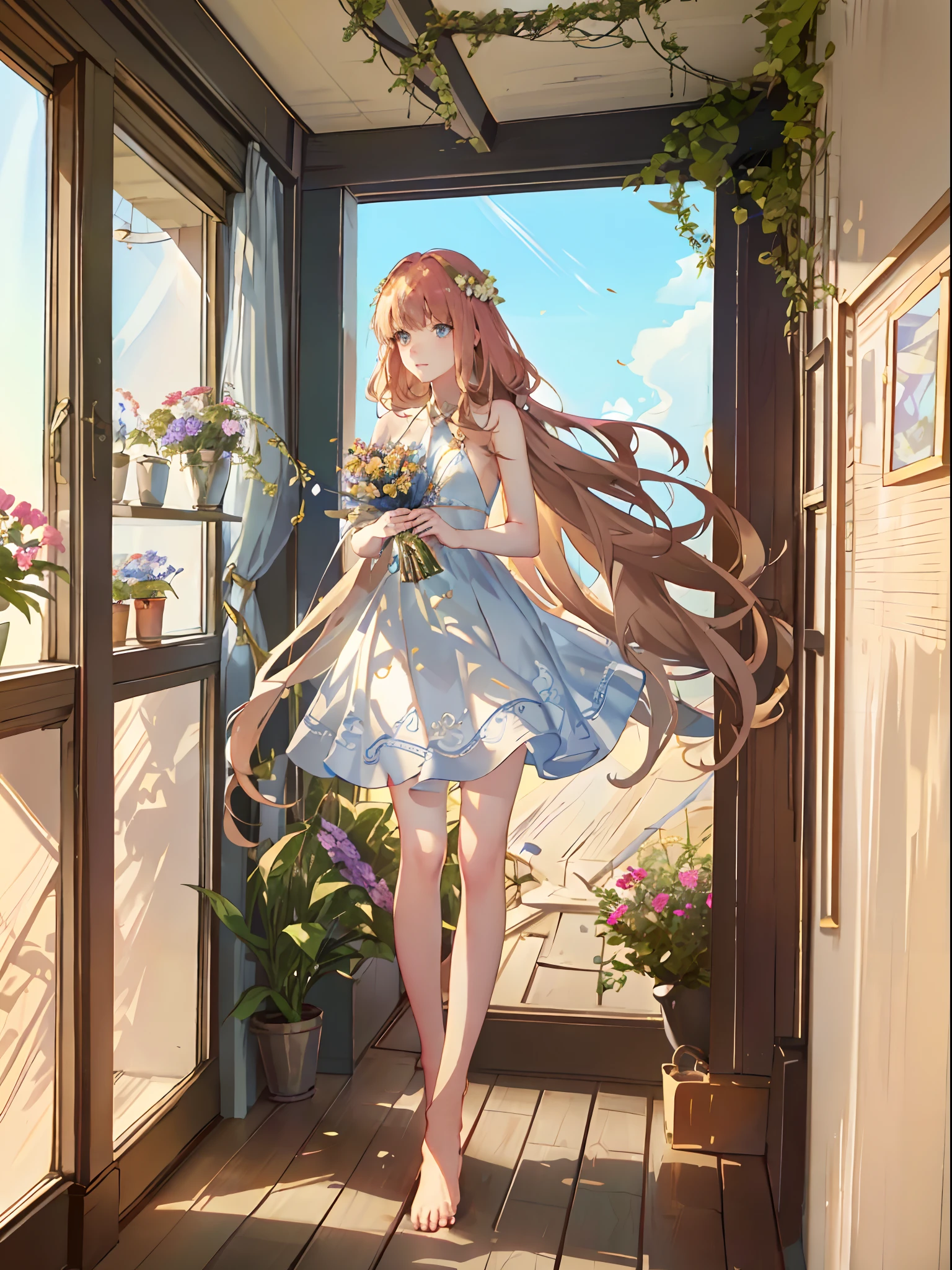 ((4k, better quality, high detail)), beautiful delicate girl in bikini, she unscrews the door, her long hair is over the shoulder, the wall is decorated with a jar of flowers, the house is full of plants. Sunlight shining on flowers, full body photos, barefoot, (, nudenudenudenude, ))