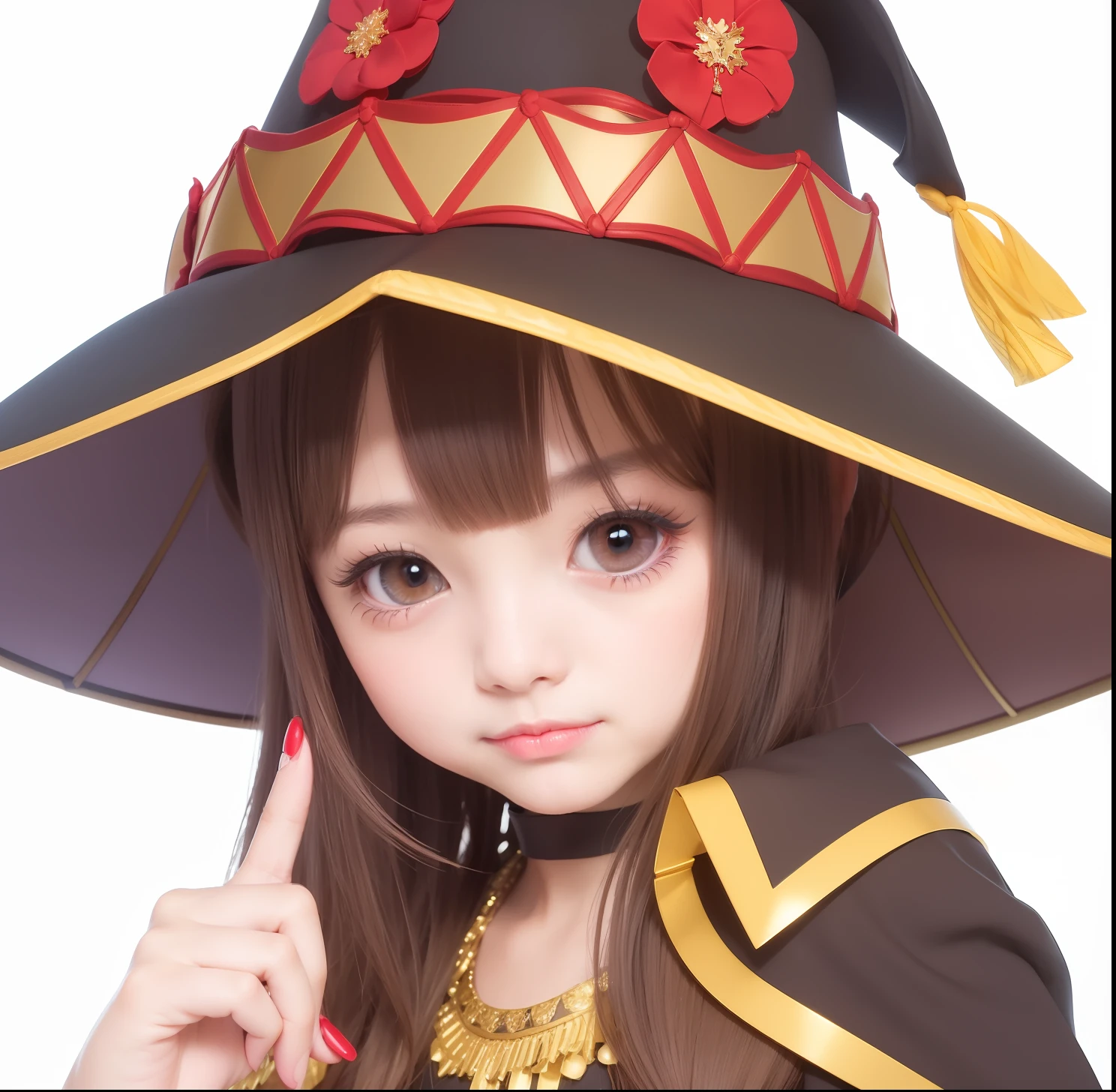 Beautifull, 8 years-old, red eye, wich hat, extremely finger detail, ultra detail, brown hair, half smile mouth, half smile, realistic, best detail, best quality, japanese face, red lips