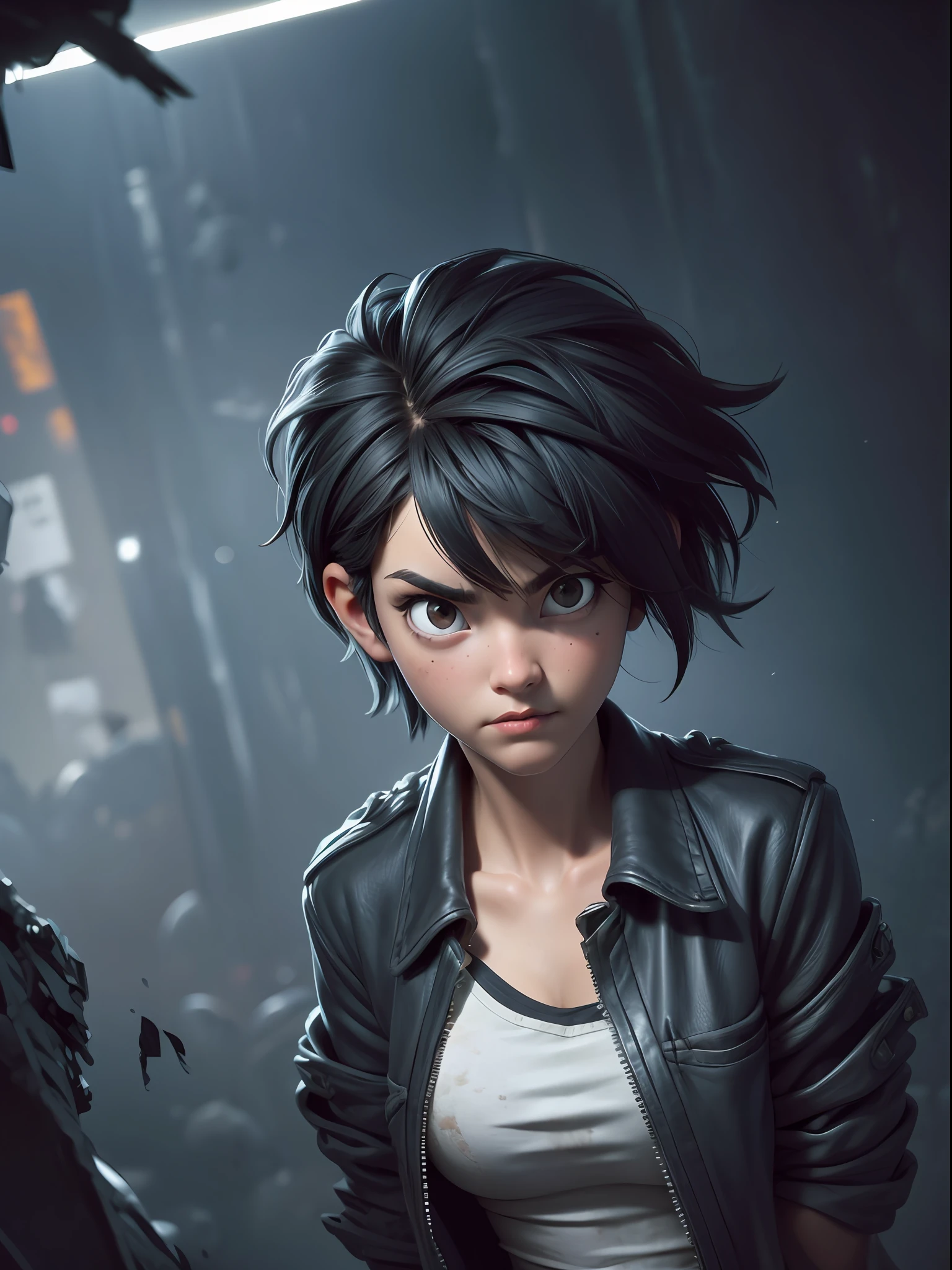 1girl, short black hair messy, black eyes, psycho look, gray haze around, peeking out upper body, dark cave, Ripped clothes, 16k