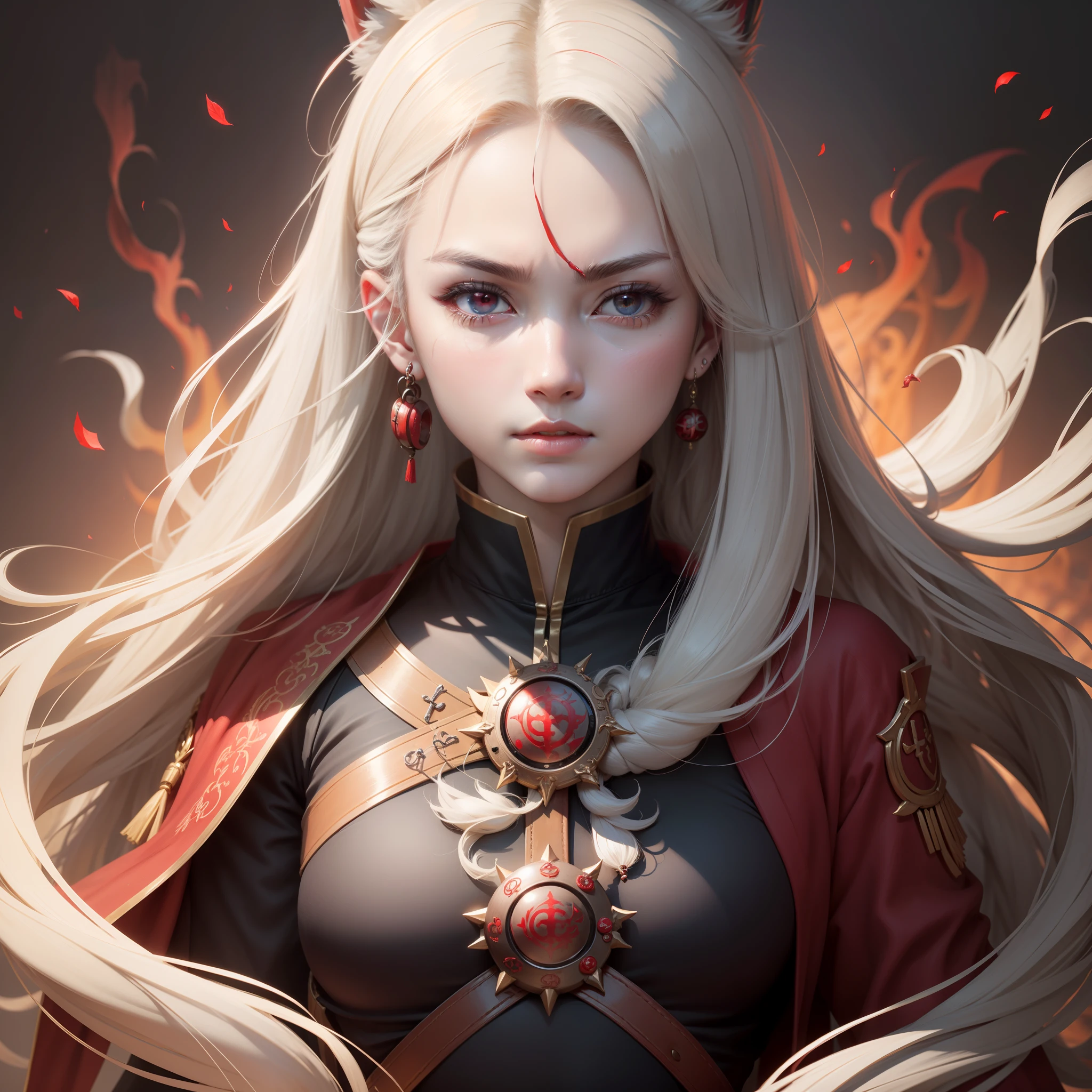 The red pupil does not change,The chest is bigger。Remove a strand of hair on the right side of the face and chest。Remove the red medallion from the chest。