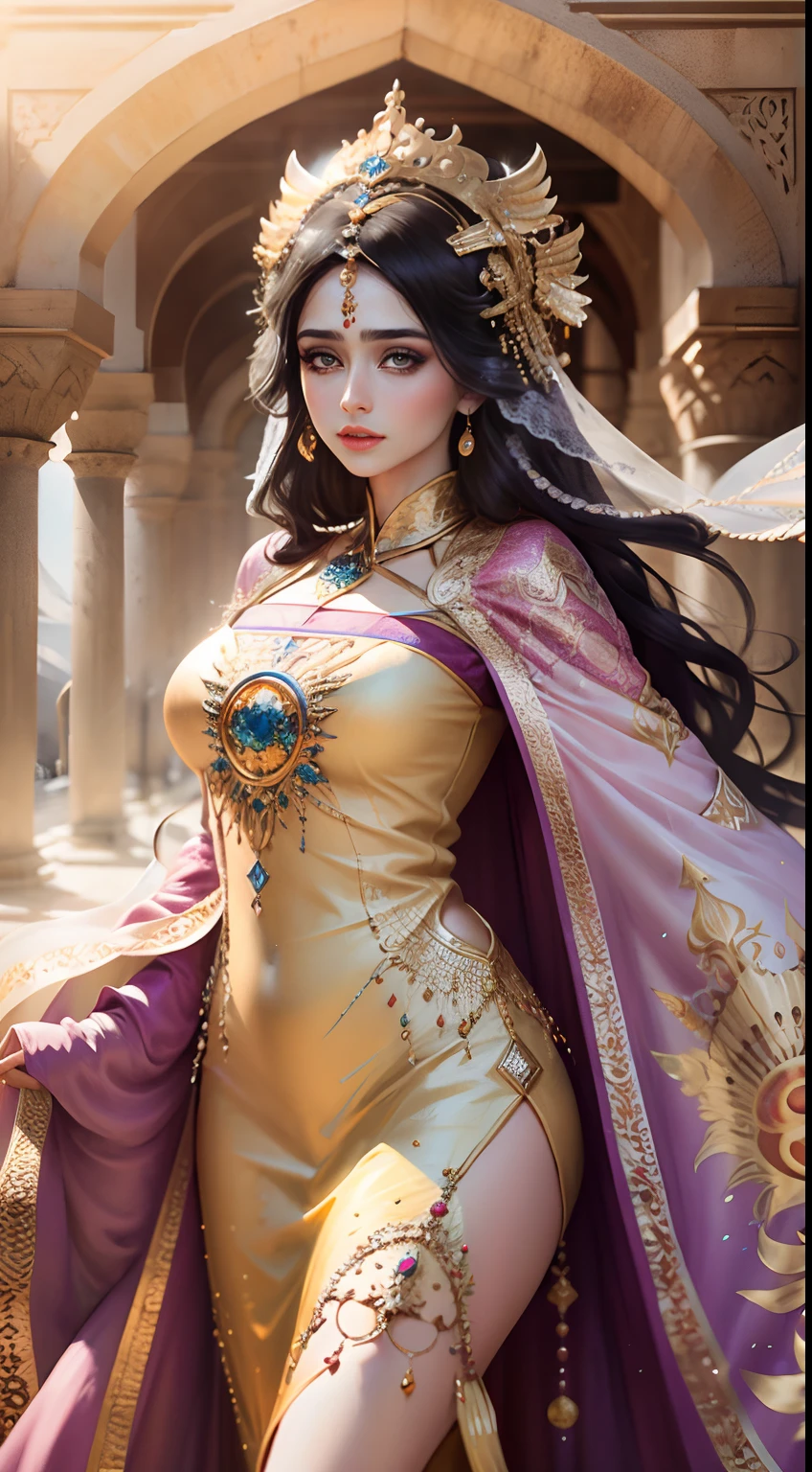 Hyper realistic super detailed Dynamic shot of face portrait of a very beautiful princess with eyes shining like the sun Arab beauty full caftan outfit body
