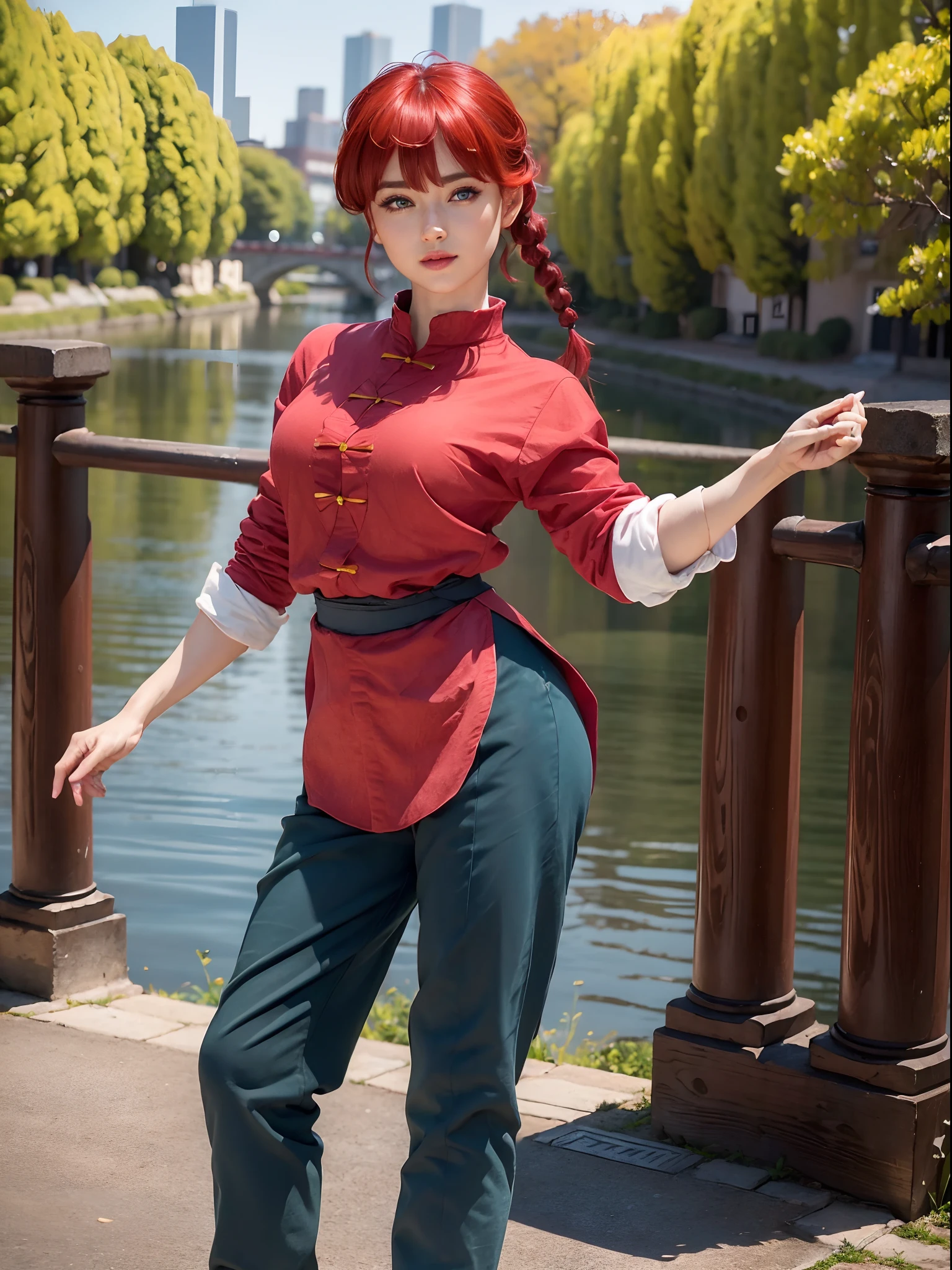 (masterpiece, best quality:1.4), (standing:1.5), (dynamic pose:1.5), 1girl, ranma-chan, (1girl), solo, blue eyes, (red hair),  bangs, tangzhuang, braided ponytail, sleeves rolled up, black pants, black footwear, on a chinesse garden with sakura trees, a bridge and water, looking at viewer, sexy smile, beautiful face, highly detailed face, highly detailed eyes, highly detailed skin, skin pores, subsurface scattering, realistic pupils, full face blush, full lips, detailed background, depth of field, volumetric lighting, sharp focus, absurdres, realistic proportions, good anatomy, (realistic, hyperrealistic:1.4), 16k hdr,