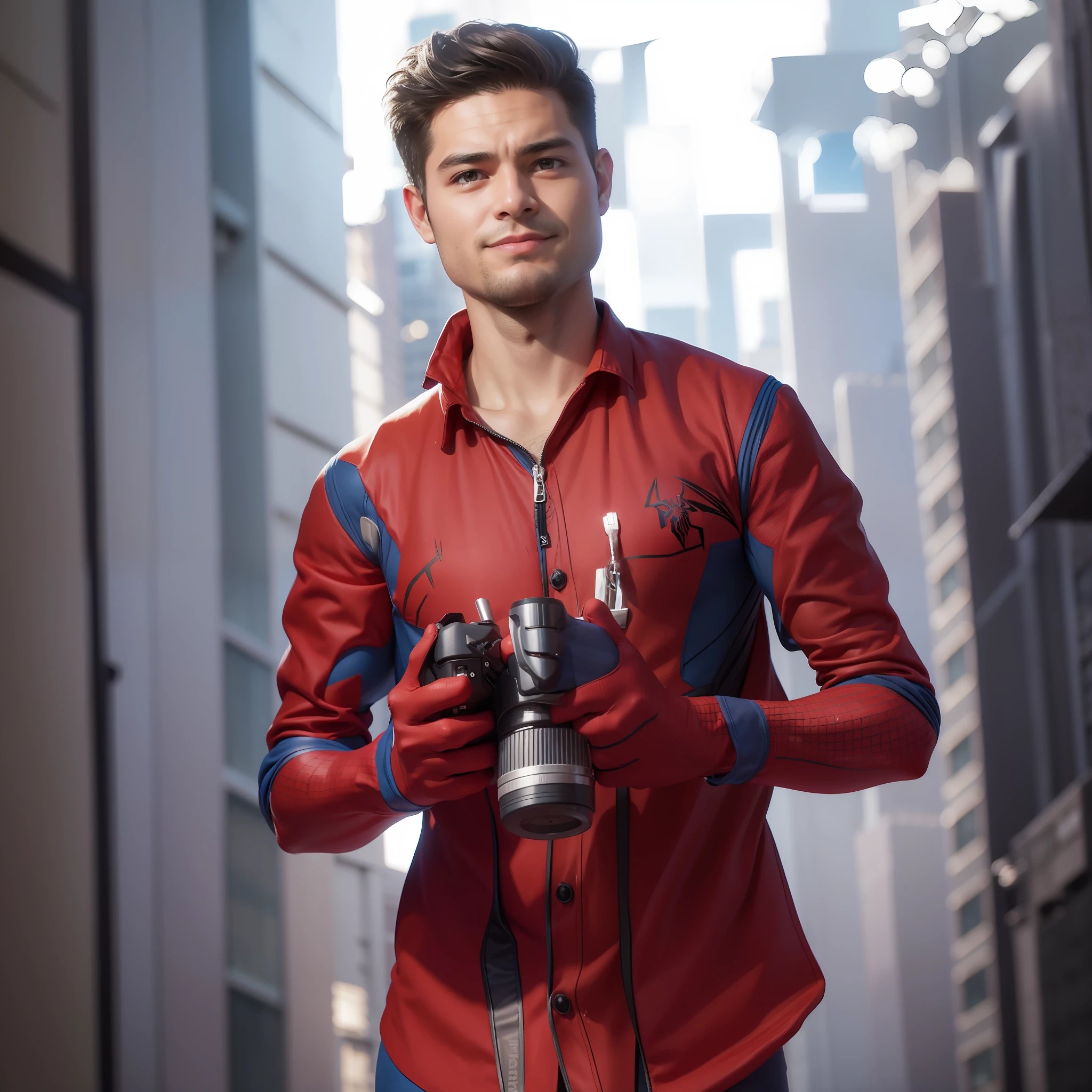 Spiderman suit, handsome boy, realistic face, city background