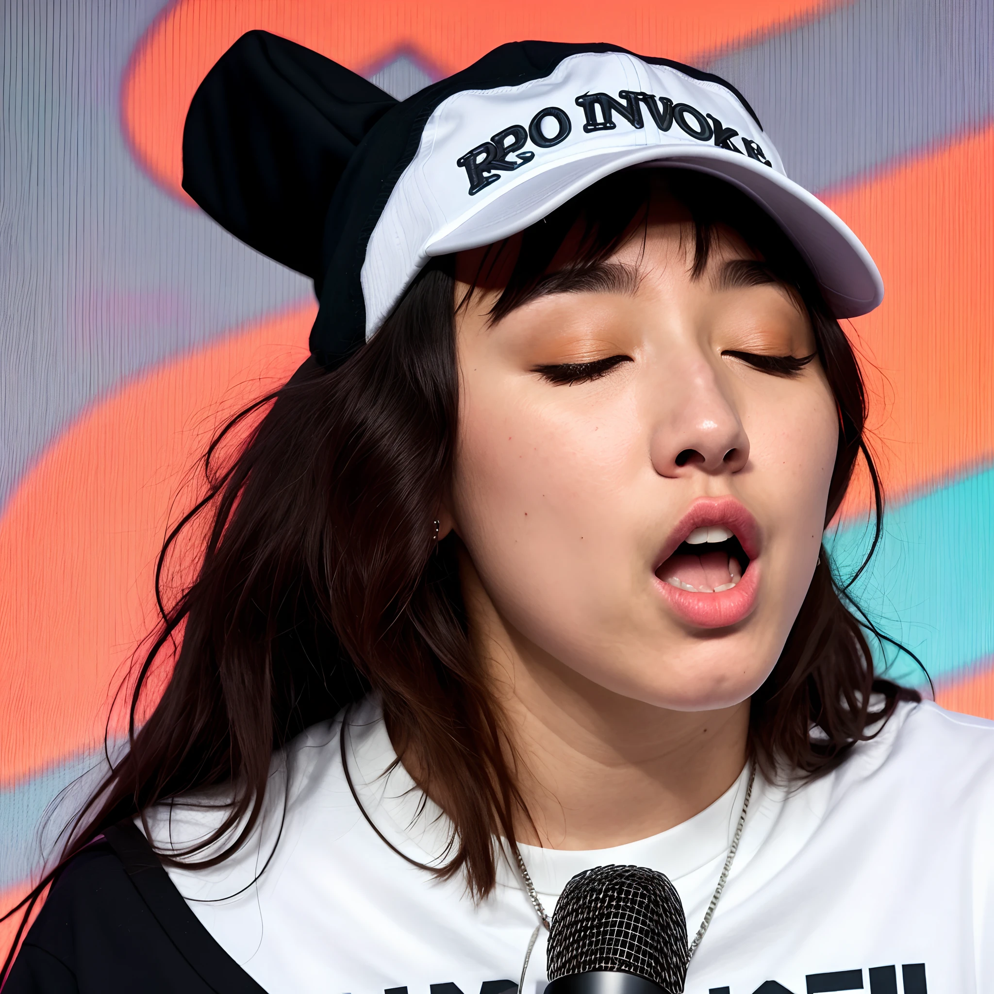 Wearing a white cap, not seeing eyes, holding a microphone, rapping
Face wide Thick lips