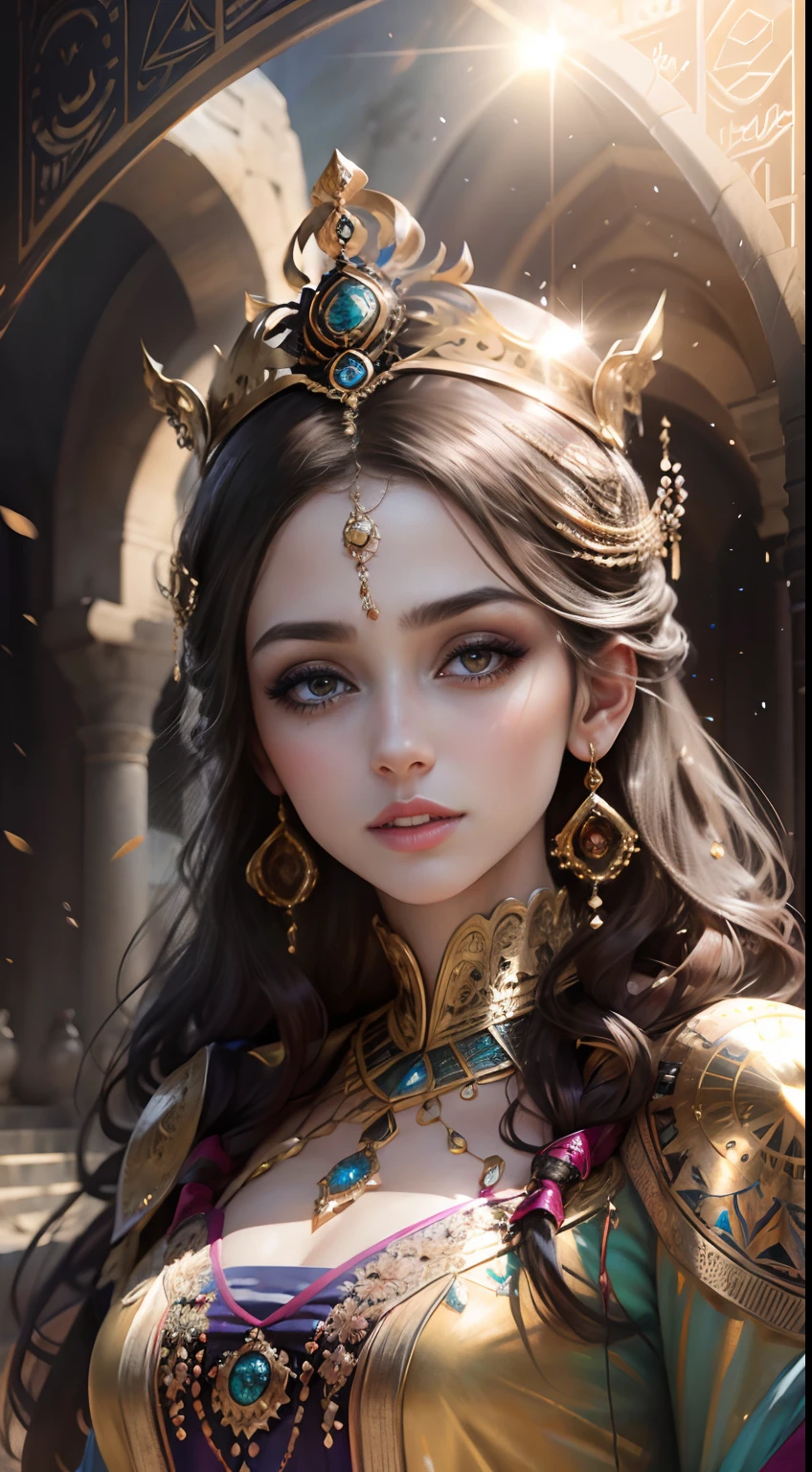 Hyper realistic super detailed Dynamic shot of face portrait of a very beautiful princess with eyes shining like the sun Arab beauty full caftan outfit body