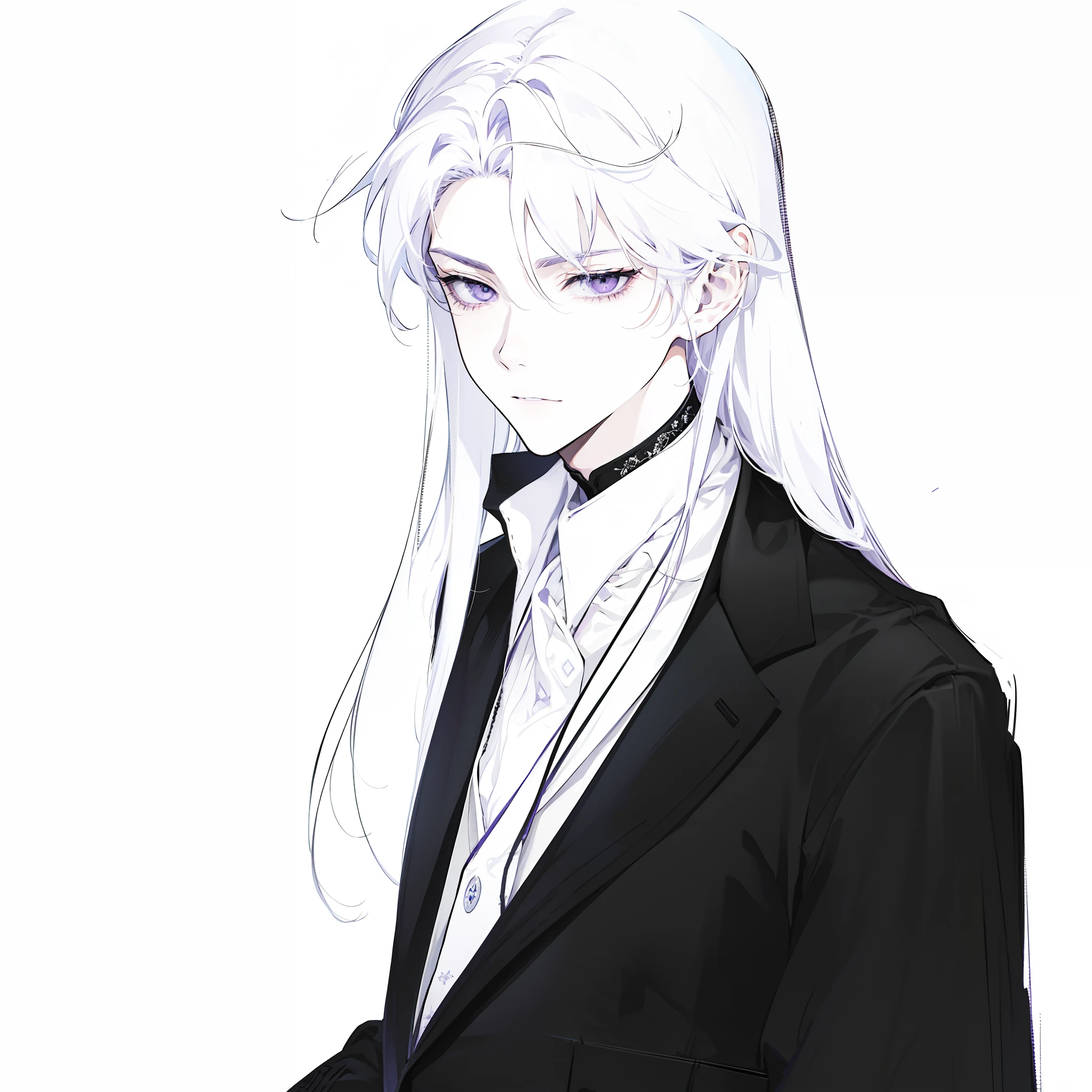 Animation style - zero zen, Deep purple eyes, long pure white hair, Libido boy, Postmodern, Black suit+Tall figure, Partially depicted, With words and indifference, Illustration in the style of Shigeru Aijima, Show dark feelings