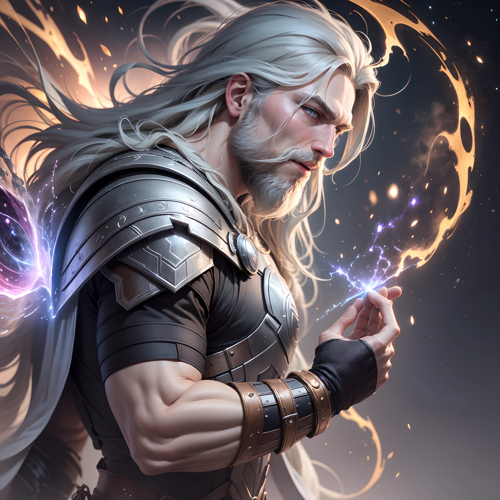 a magic with full beard Thor with a black and grey armor magic building something in galaxy energy trough his body photorealistic --auto --s2