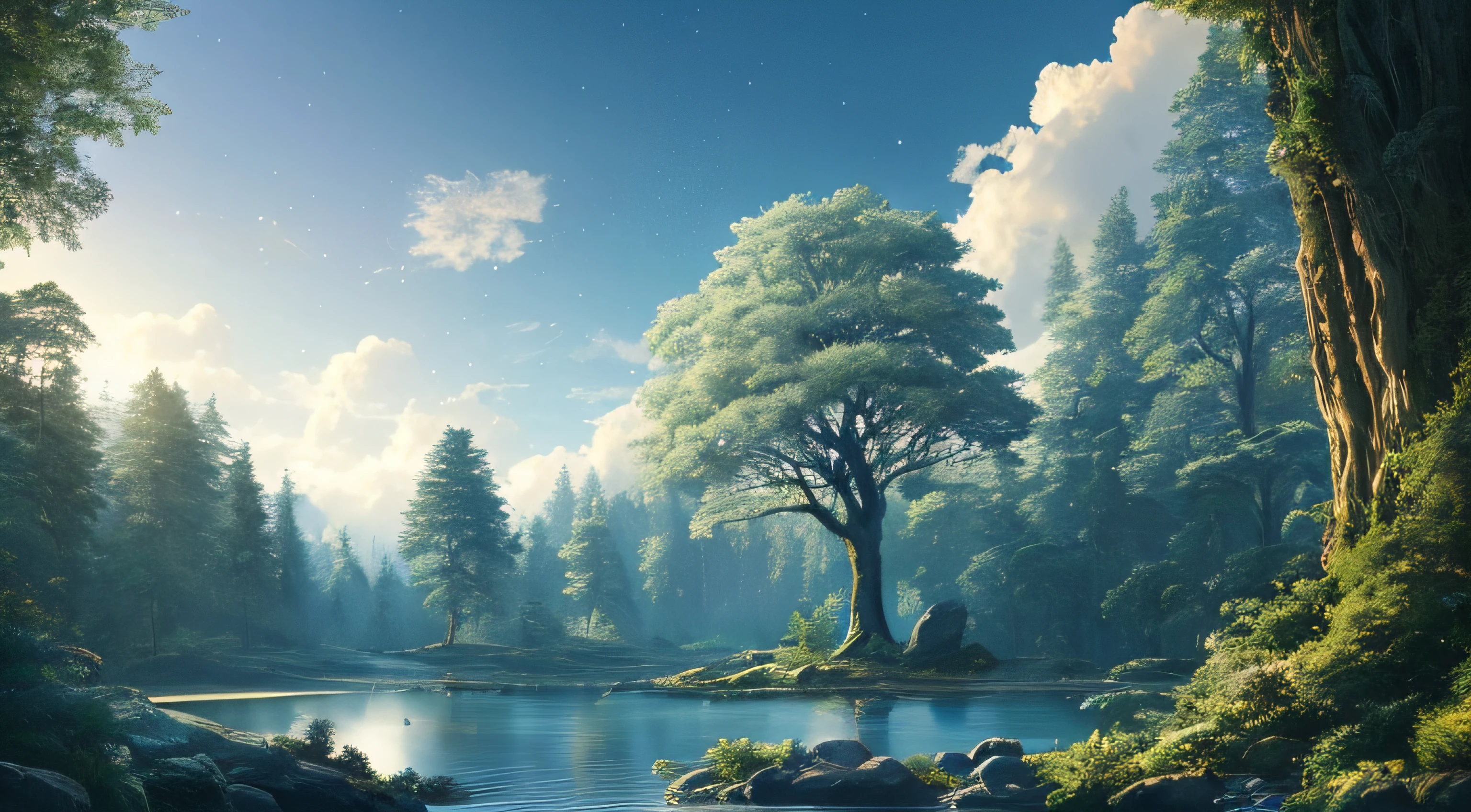 Illustration of a hyperrealistic , otherworldly, ultrasky scene featuring a giant crystal tree full body,very detailed and magical lighting, intricate forest details, vegetation and river around, solarpunk ,landscape, giant tree, beatifull leafy with beautiful lighting and realistic proportions, as if it were a cinematic background, 8k, highest quality, masterpiece, clouds and stars in the sky.