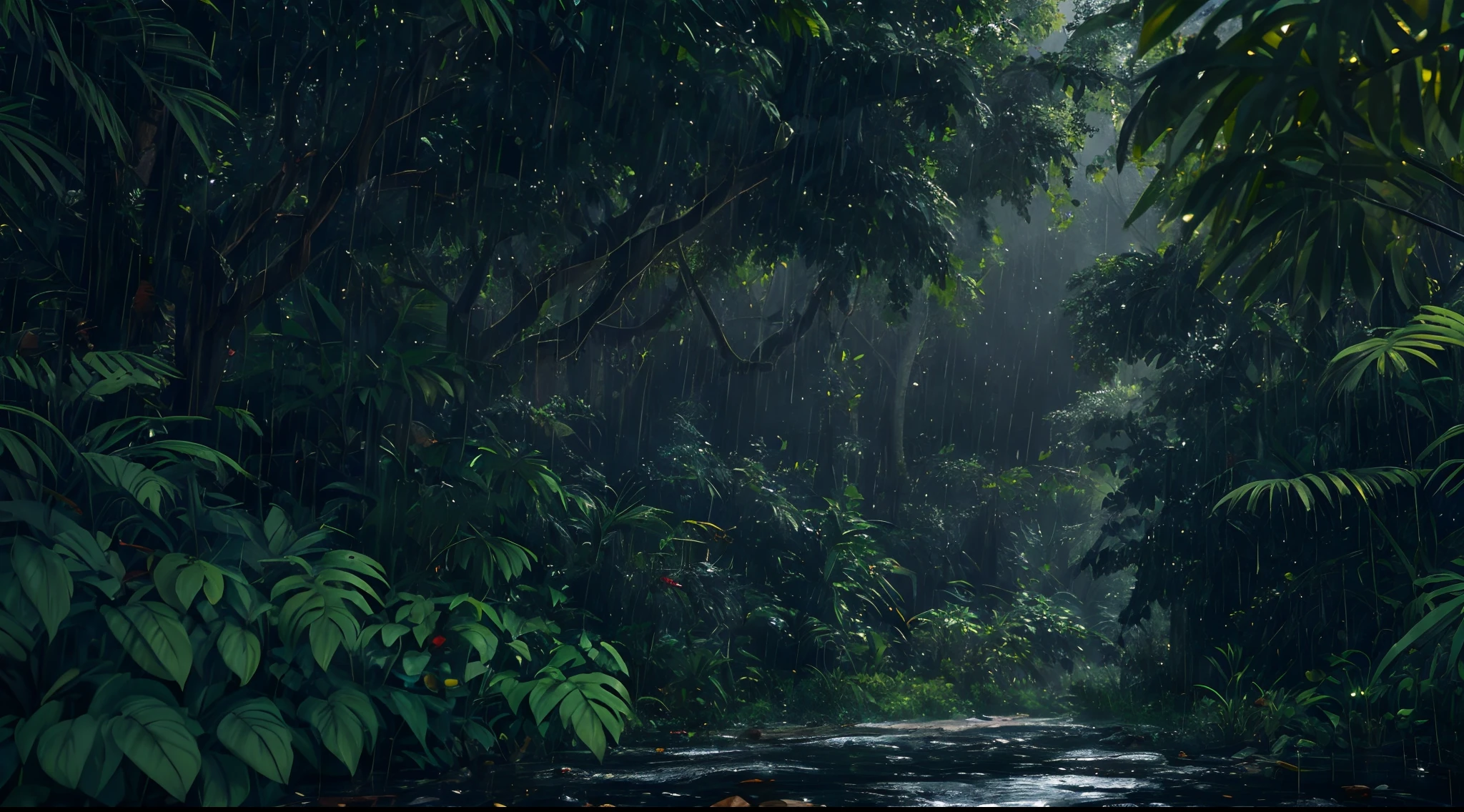 A jungle, with intense rainfall, monochromatic, vines all around, giant and wet trees, masterpiece, best quality, high quality, extremely detailed CG unity 8k wallpaper, oil paiting, award winning photography, Bokeh, Depth of Field, HDR, bloom, Chromatic Aberration ,Photorealistic,extremely detailed, trending on artstation, trending on CGsociety, Intricate, High Detail, dramatic, art by midjourney, volumetric lighting