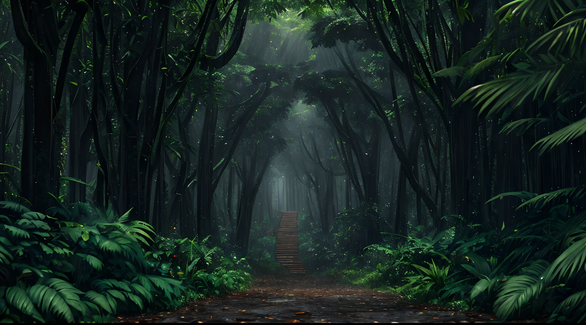 A jungle, with intense rainfall, monochromatic, vines all around, giant and wet trees, masterpiece, best quality, high quality, extremely detailed CG unity 8k wallpaper, oil paiting, award winning photography, Bokeh, Depth of Field, HDR, bloom, Chromatic Aberration ,Photorealistic,extremely detailed, trending on artstation, trending on CGsociety, Intricate, High Detail, dramatic, art by midjourney, volumetric lighting